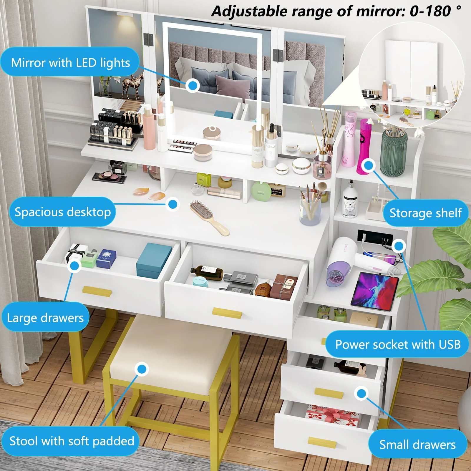 PAKASEPT Vanity Set with Tri-Fold Makeup Mirror, Large Vanity Desk Makeup Vanity with 3-Color Adjustable Touch Light, Charging Station, 5 Drawers, Storage Shelves&Cushioned Stool for Bedroom, White