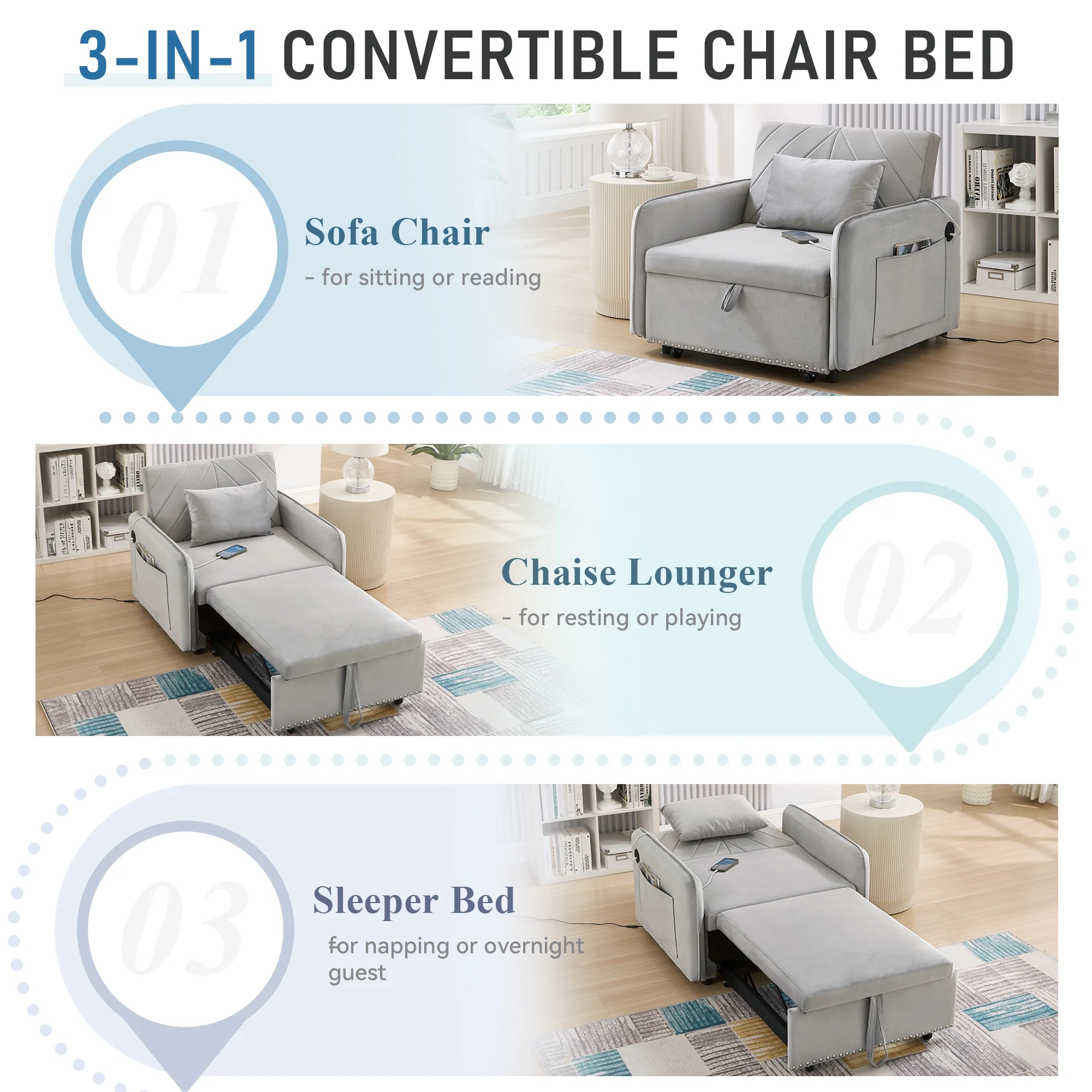 Lunale 3 - in - 1 Convertible Sleeper Chair Bed. Indoor Lounge Chair with USB/Type - C Charging Ports. Modern Recliner Sofa for Living Room. Gray Velvet
