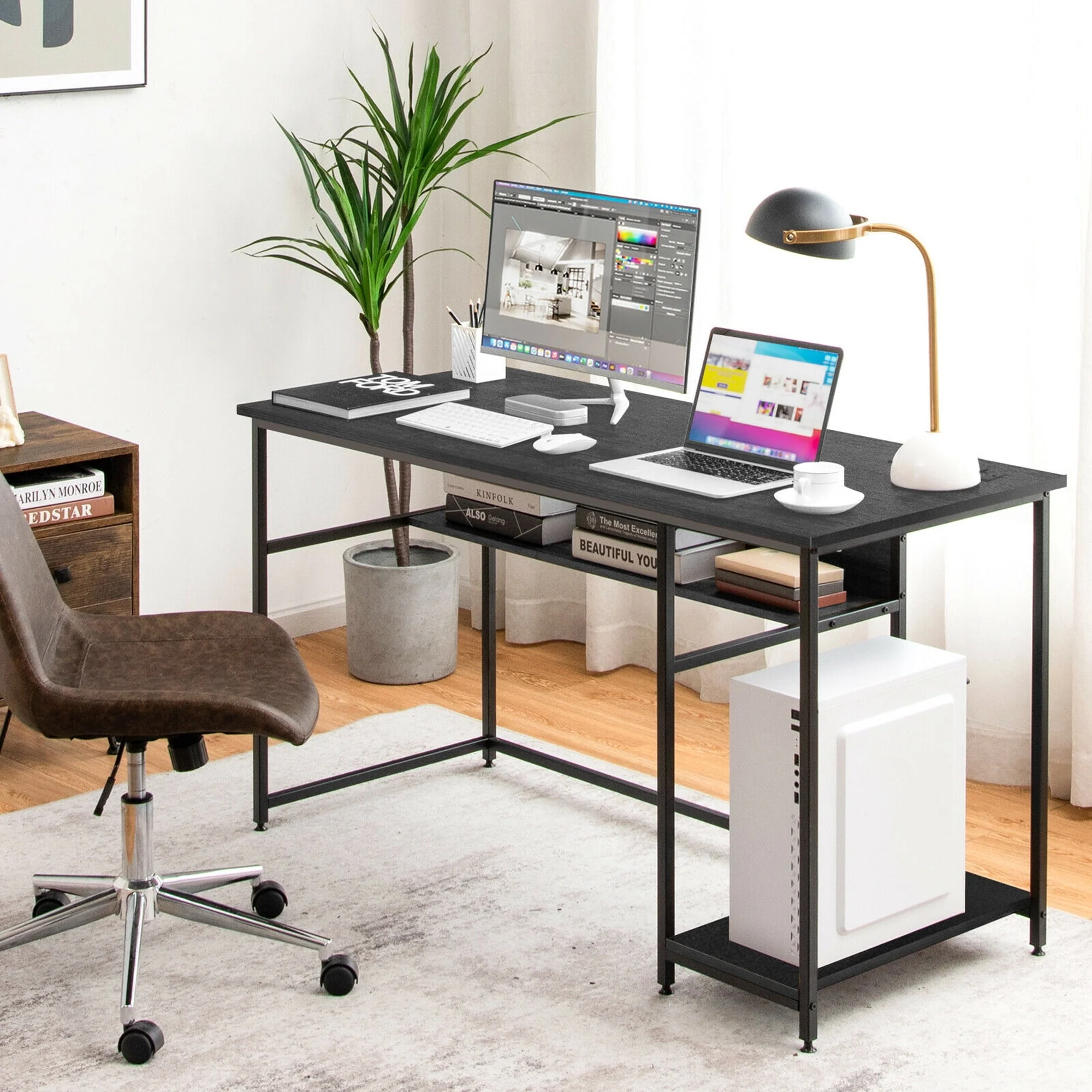 Gymax 55'' Computer Desk Home Office PC Workstation w/ Power Outlets & USB Ports Black