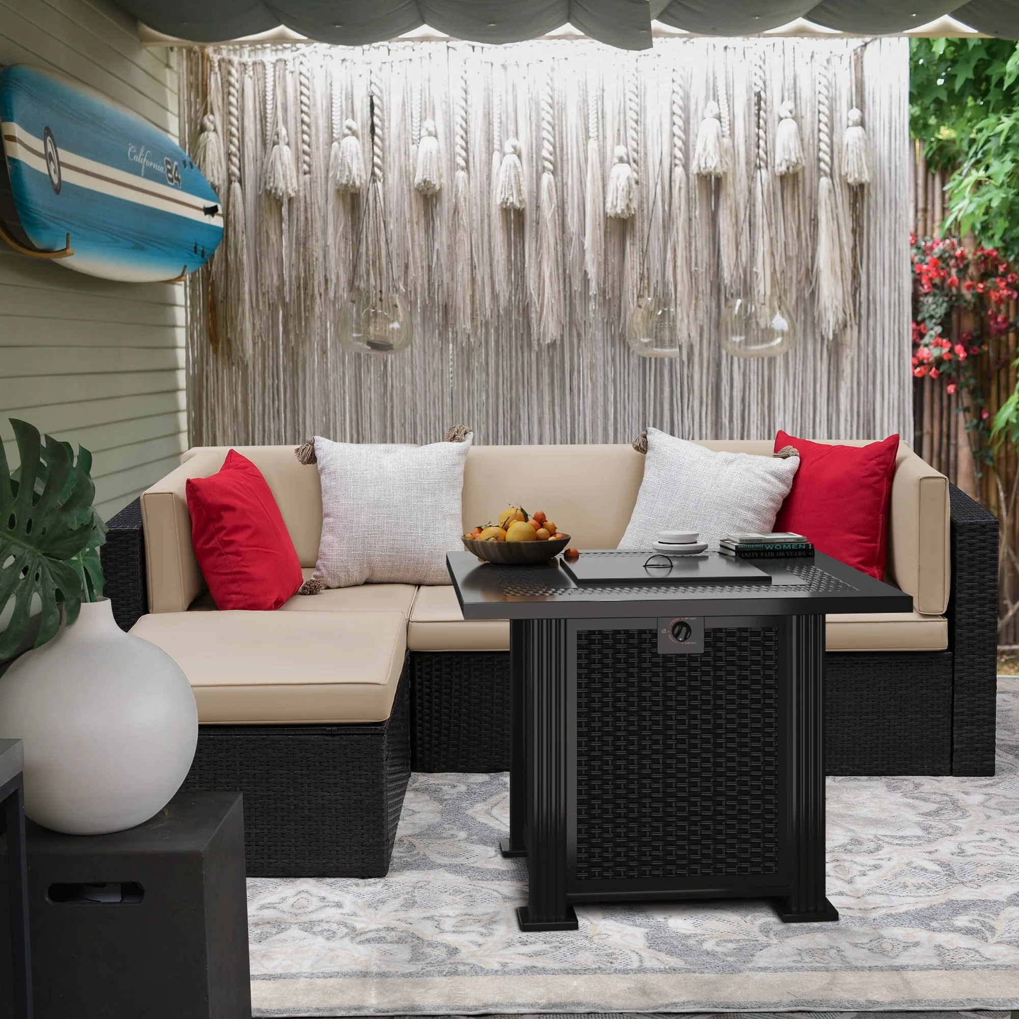 Devoko 6 Pieces Fire Pit Seating, Outdoor Sectional Rattan Sofa Set with 40000 BTU Propane Fire Pit Table