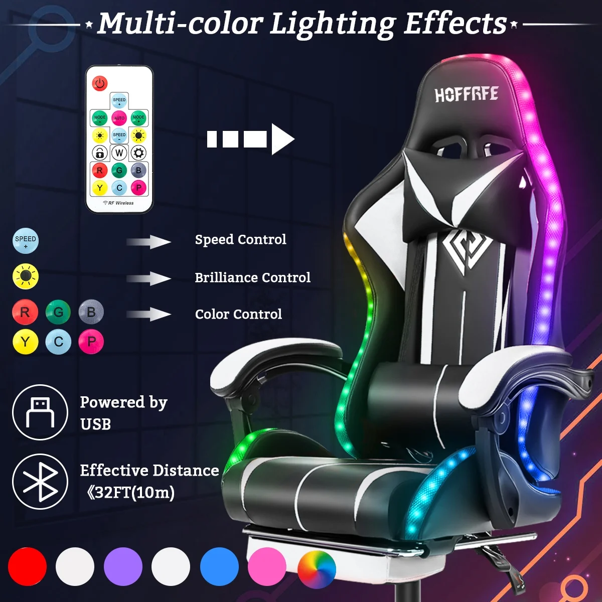 Hoffree Gaming Chair with Massage PU Leather Office Chair with Footrest and LED Light Ergonomic Gamer Chair Lumbar Support Adjustable Headrest High Back Computer Desk Chair for Home Office