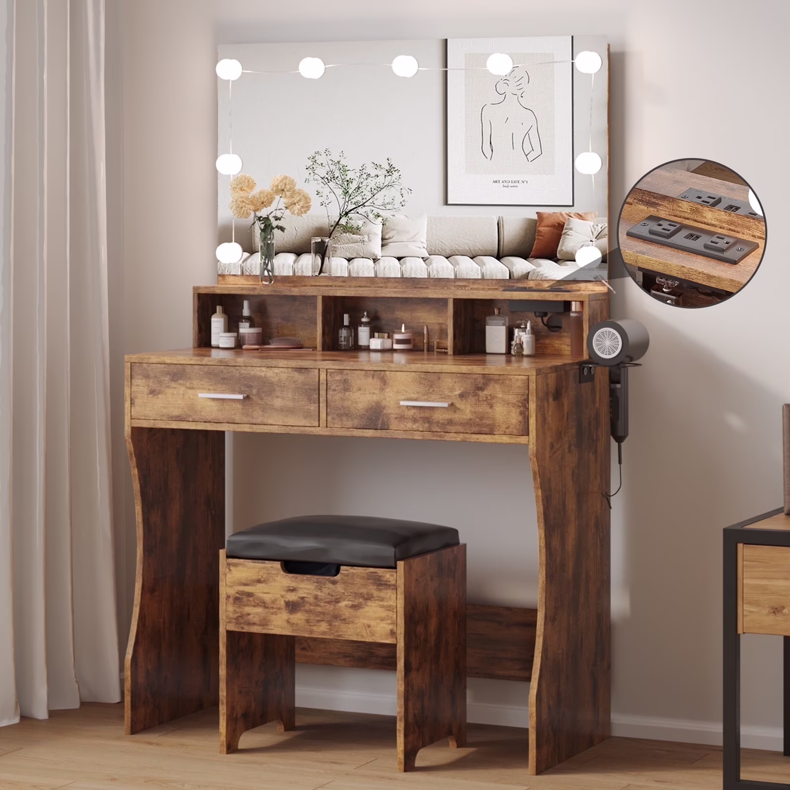 Modern Vanity Table Set with Lighted Mirror,Makeup Table with 2 Drawers & Power Strip,Dresser Desk for Girls, Women, White