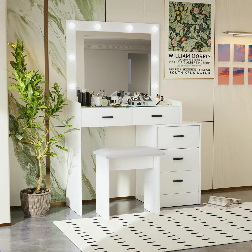 Kadyn Vanity Desk with Lighted Mirror, Vanity Table and Chair Set with 2 Drawers, Dressing Table Makeup Desk with 1 Door, Retro Gray