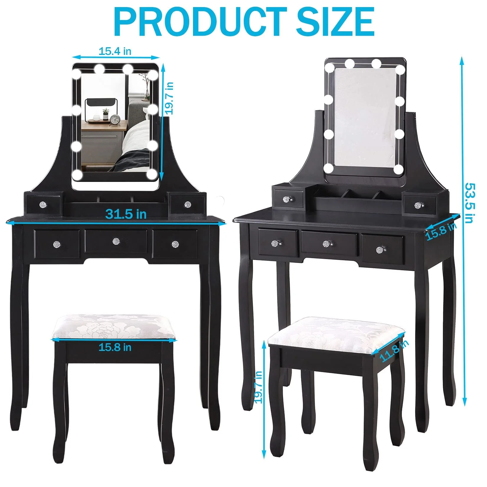 VEANERWOOD Makeup Vanity Table with 10 Led Lights, Lighted Mirror Vanity Desk with Cushioned Stool Set, 5 Drawers and 2 Shelves, Bedroom Dressing Vanity, Luxurious, Black