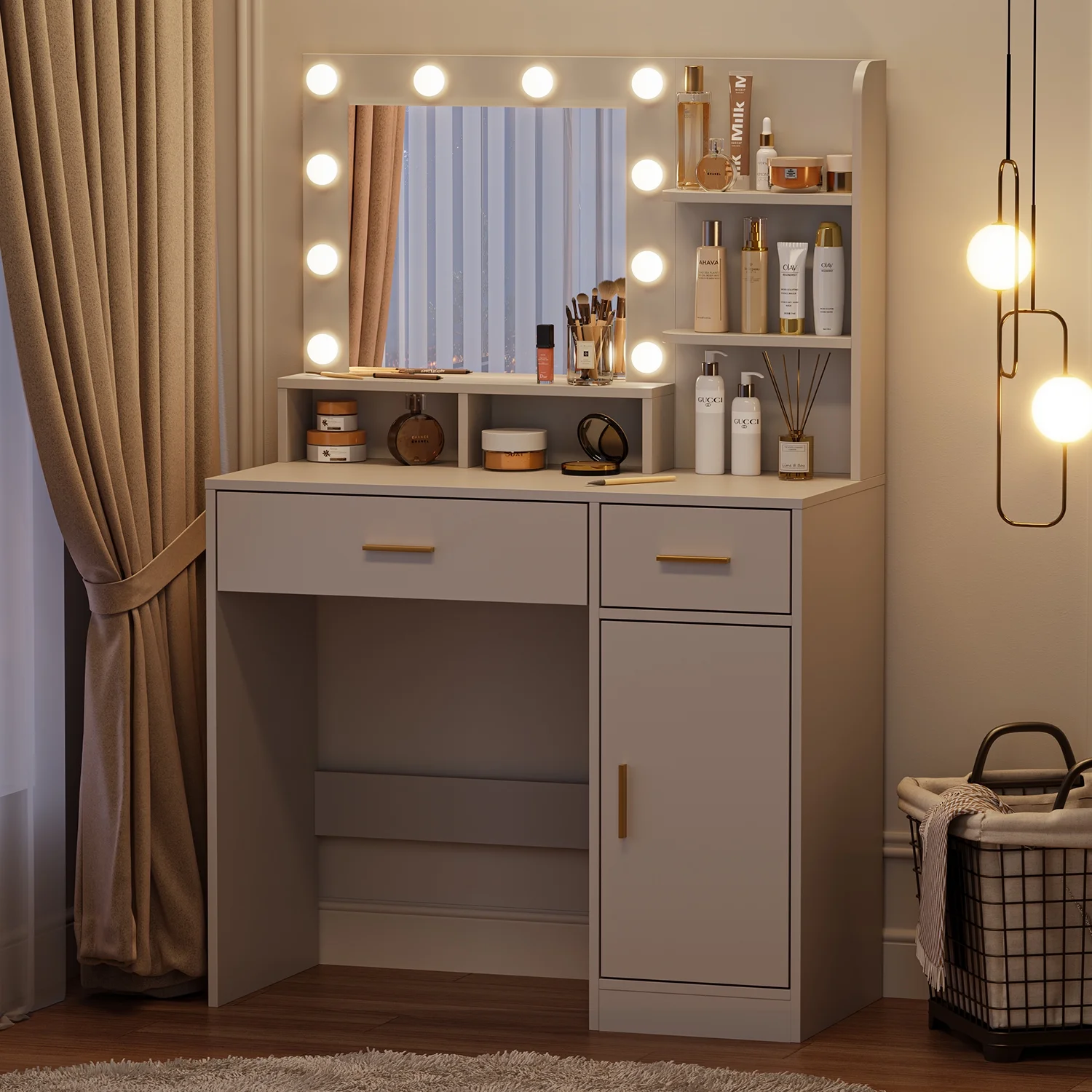 eChamp Makeup Vanity Desk with 3 Color Light & Mirror, Vanity Table with 4 Drawers, Storage Shelf, Power Outlet, Adjustable Brightness Dressing Table, White