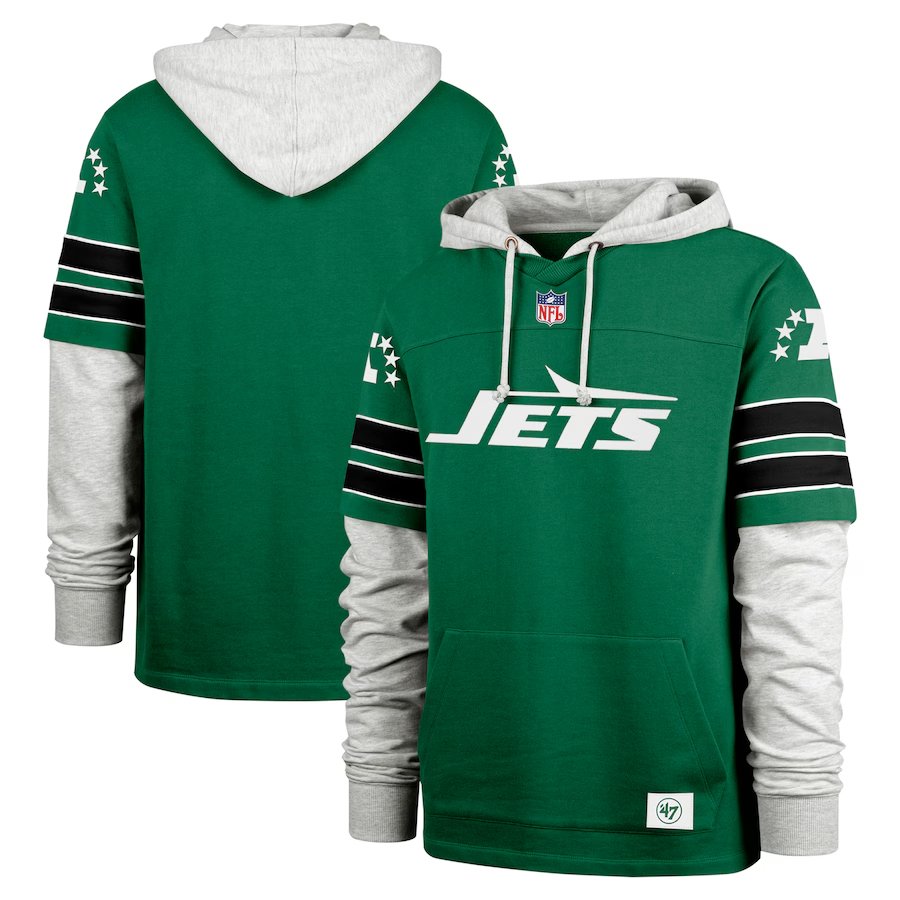 Men's New York Jets '47 Kelly Green Double Header Blitz Cornerback Pullover Hoodie