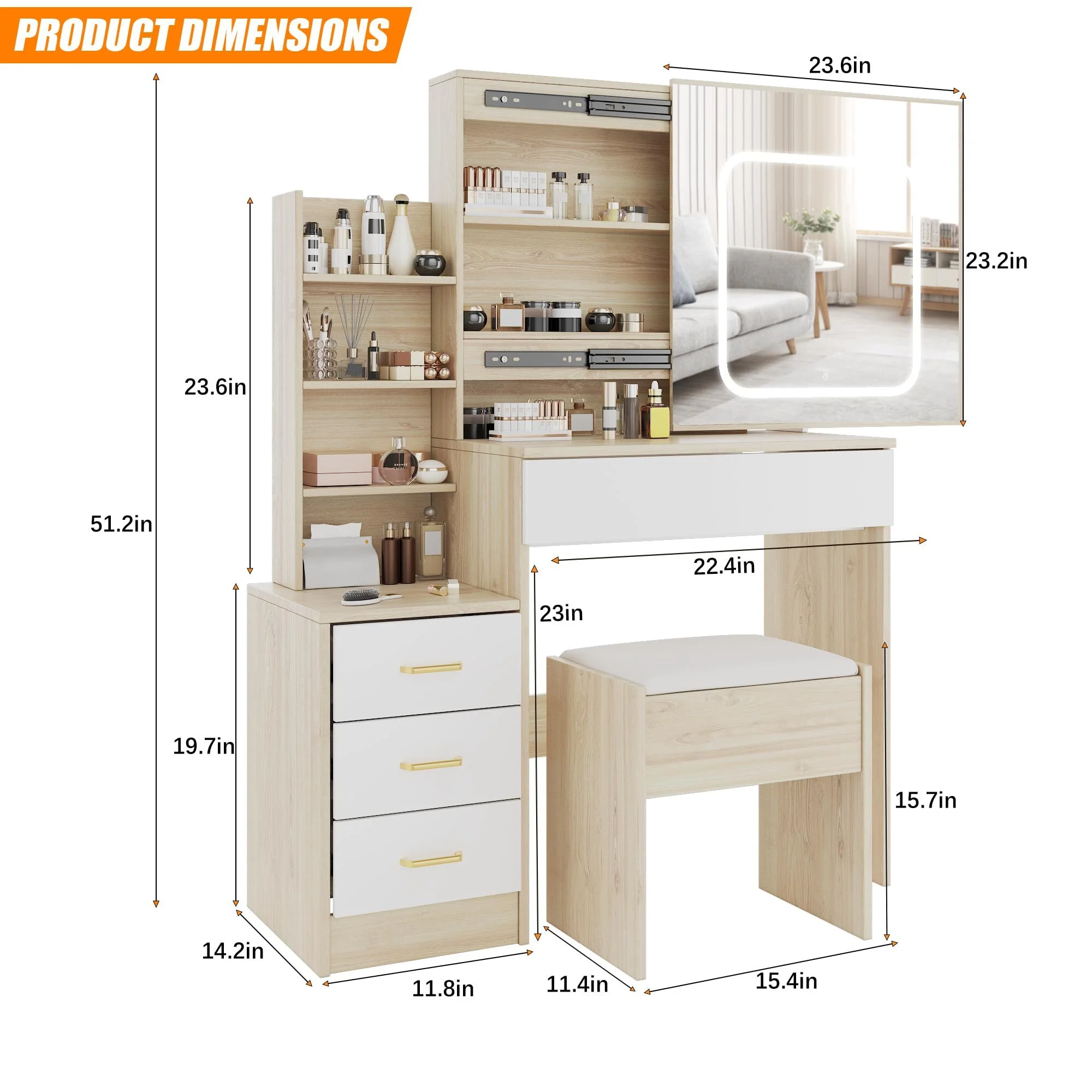 Vanity Desk with Sliding Mirror & Lights, Makeup Vanity Set with Charging Station 4 Drawers 7 Shelves, Large Vanity Set with Cushioned Stool for Bedroom, White