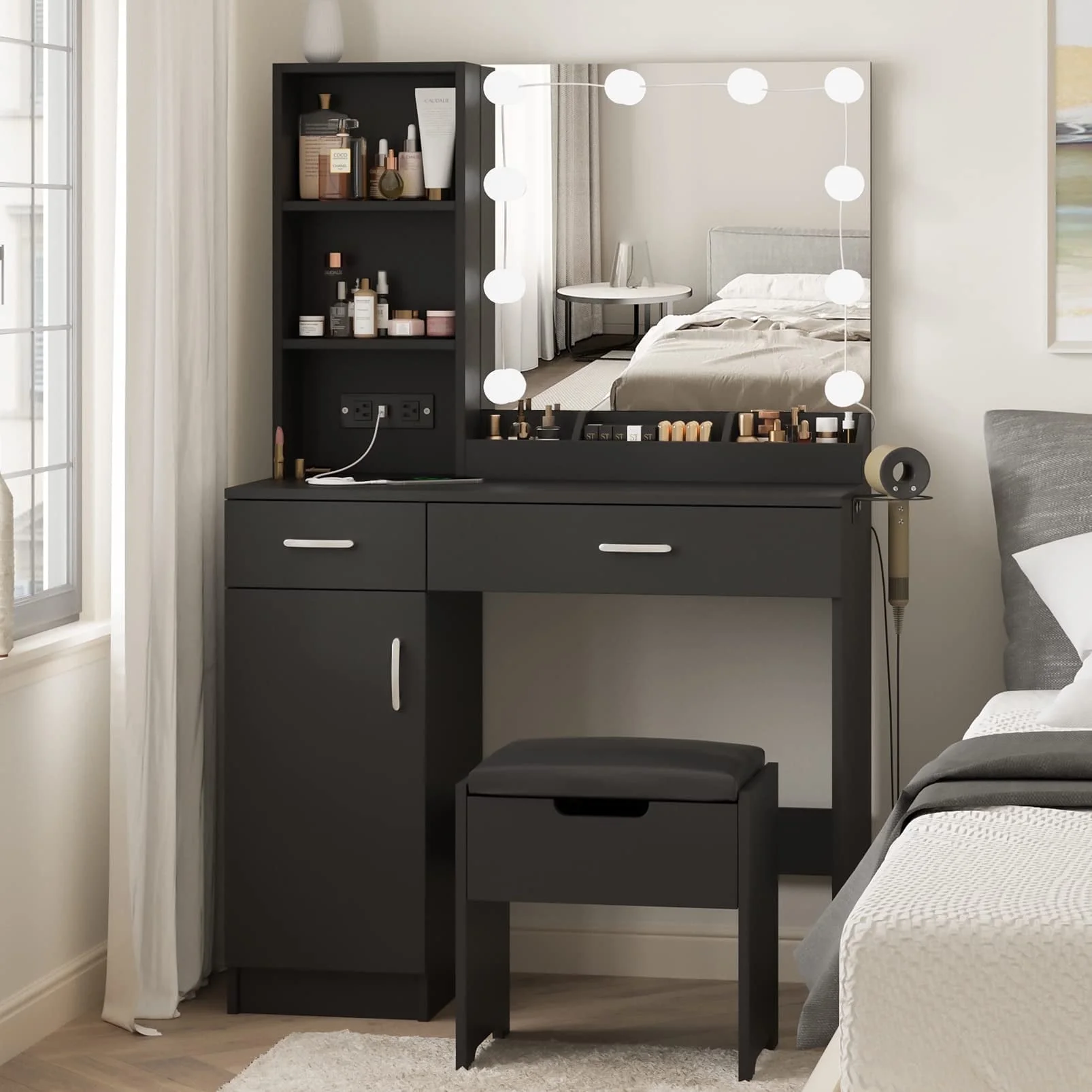 Veanerwood Makeup Vanity Desk with Lighted Mirror & Power Strip, Girls Dressing Table with Storage Shelves, White