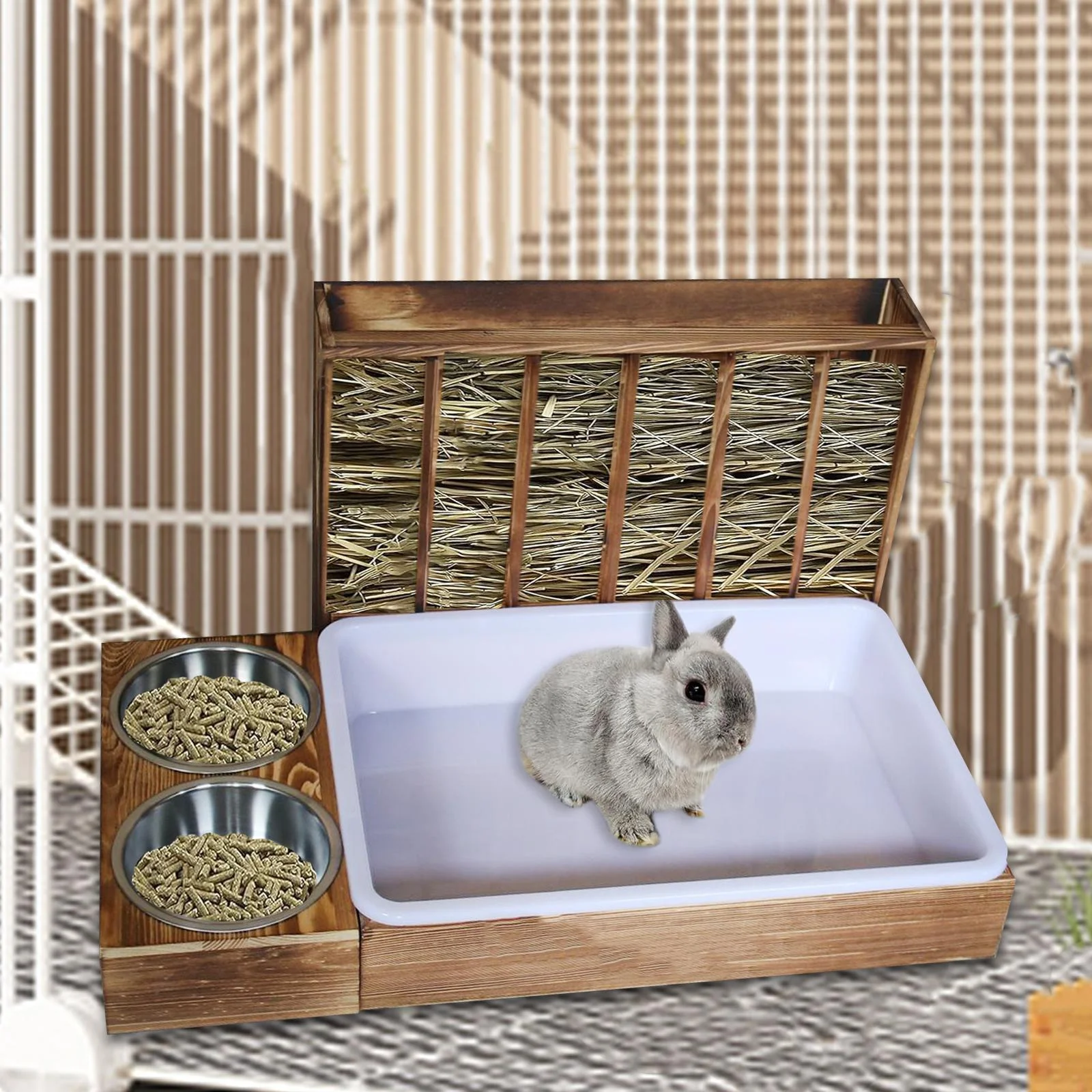 oshhni Rabbit Hay Feeder with 2 Bowls and Litter Box Cage Accessories Hay Container