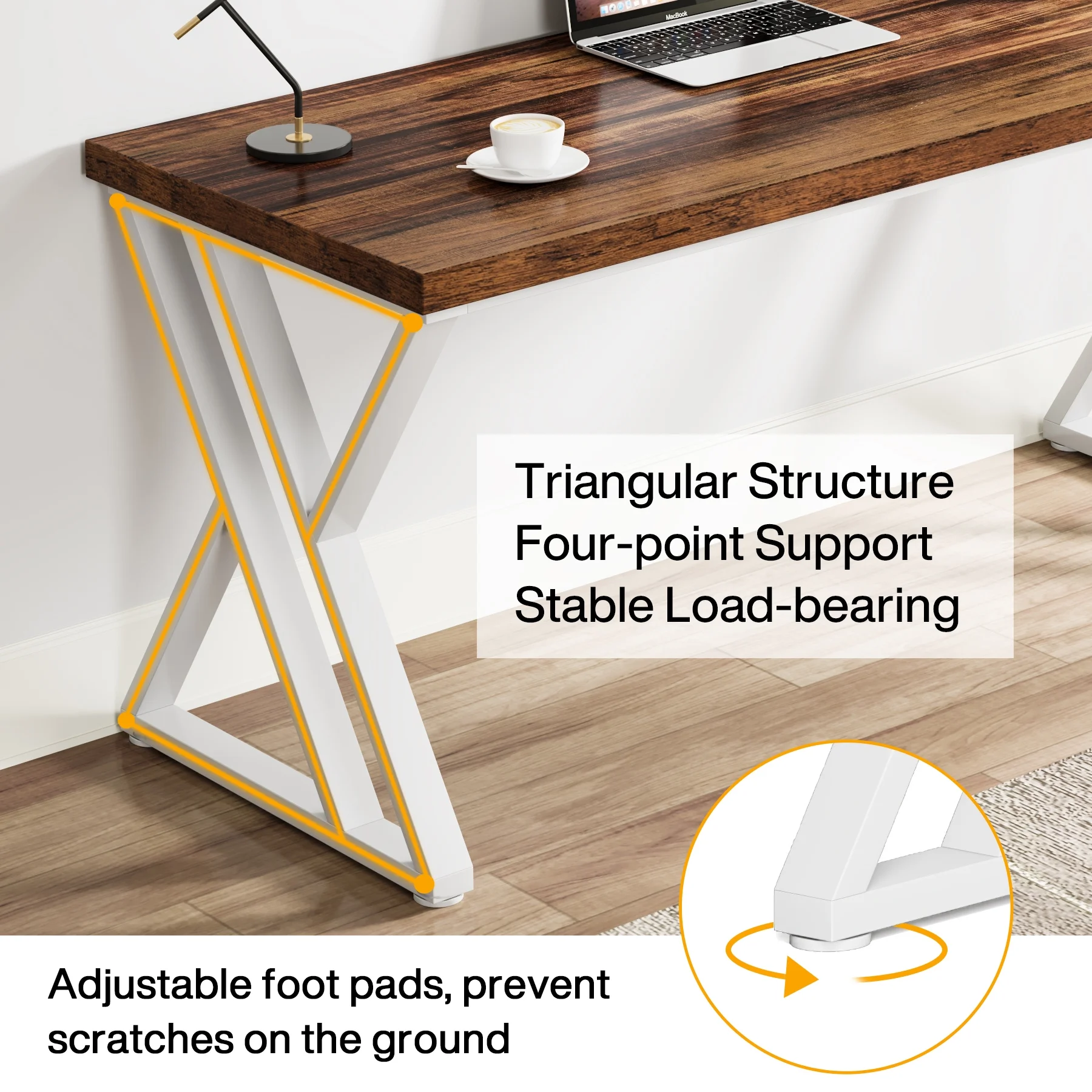 Heavy Duty Study Desk with Z-Shaped Metal Leg, Modern Simple Home Office Computer Desk, Rustic Brown