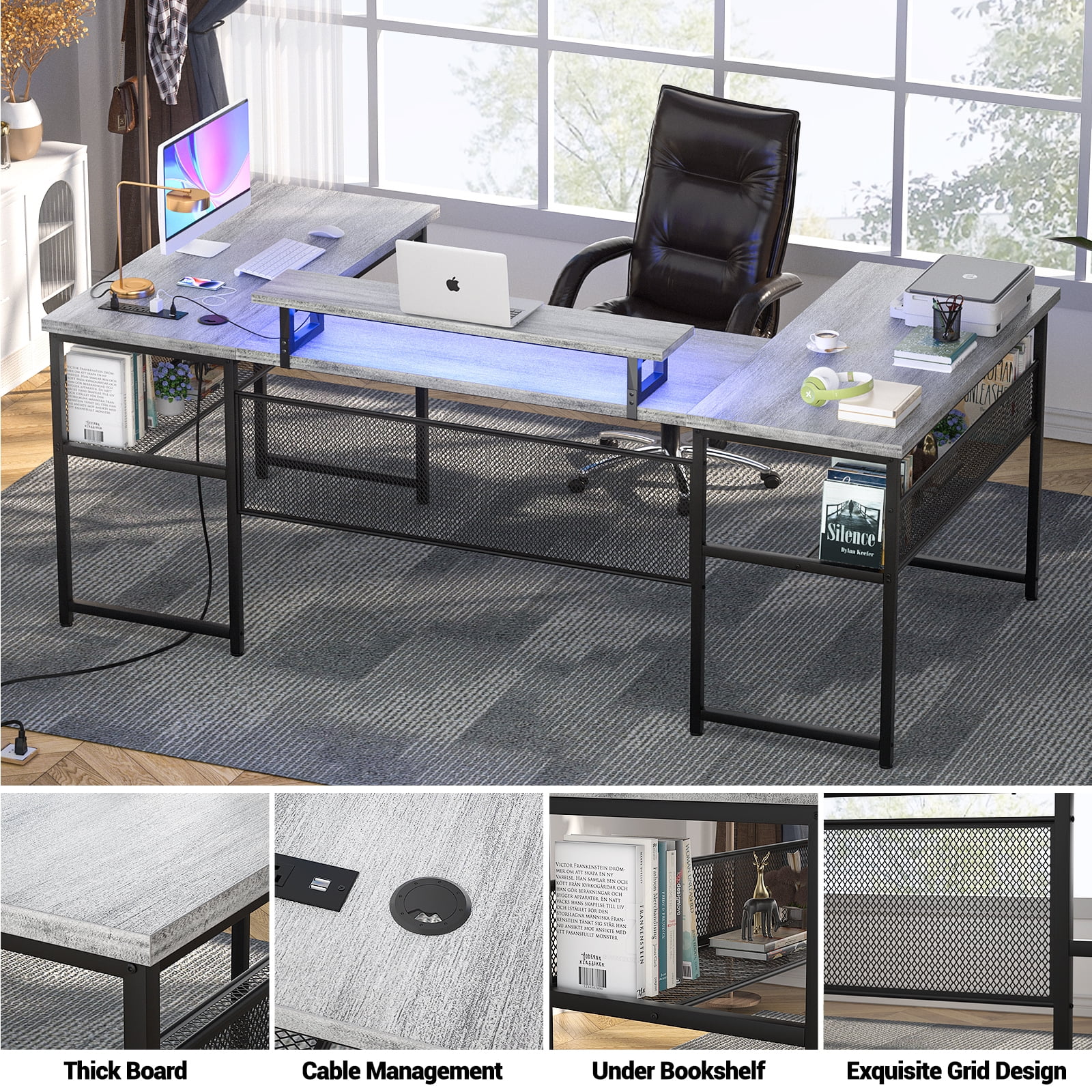 Homieasy U Shaped Desk with Power Outlet and LED Strips, 129.9'' Ergonomic L-Shaped Gaming Desk with Monitor Stand, Reversible Corner Computer Desk with Storage Shelf for Home Office, White Oak