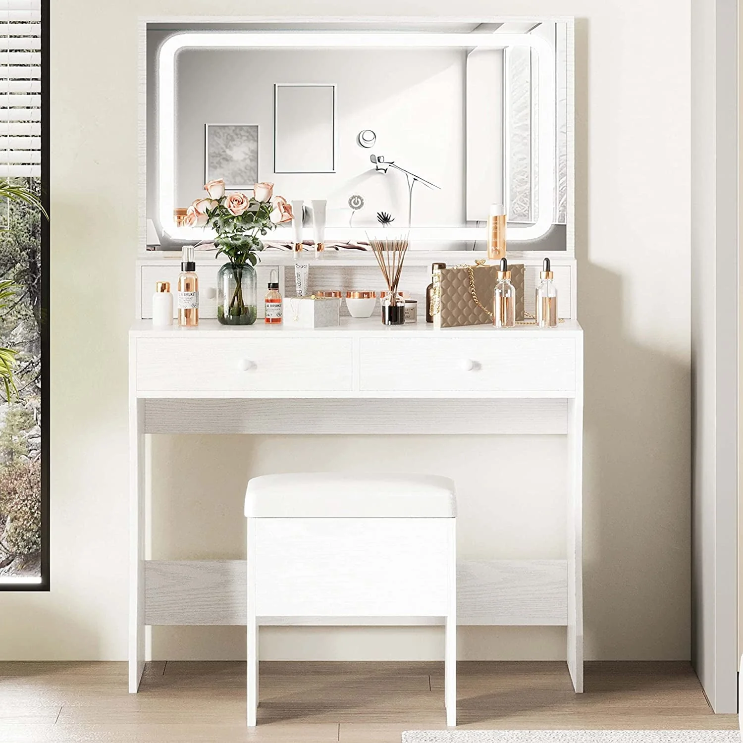 IRONCK Vanity Makeup Table Desk Set with LED Light Mirror & Power Outlet,  with 4 Drawers,Modern White