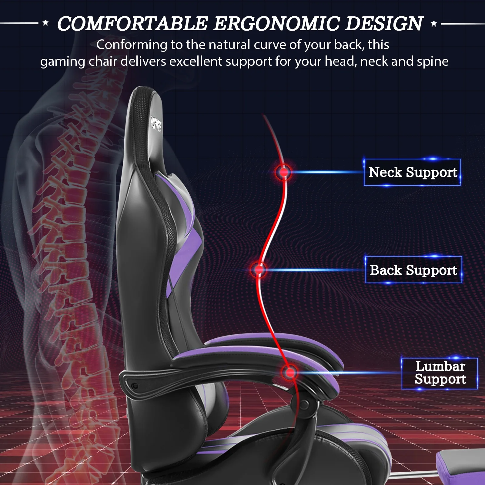 Hoffree Gaming Chair with Massage PU Leather Office Chair with Footrest and LED Light Ergonomic Gamer Chair Lumbar Support Adjustable Headrest High Back Computer Desk Chair for Home Office