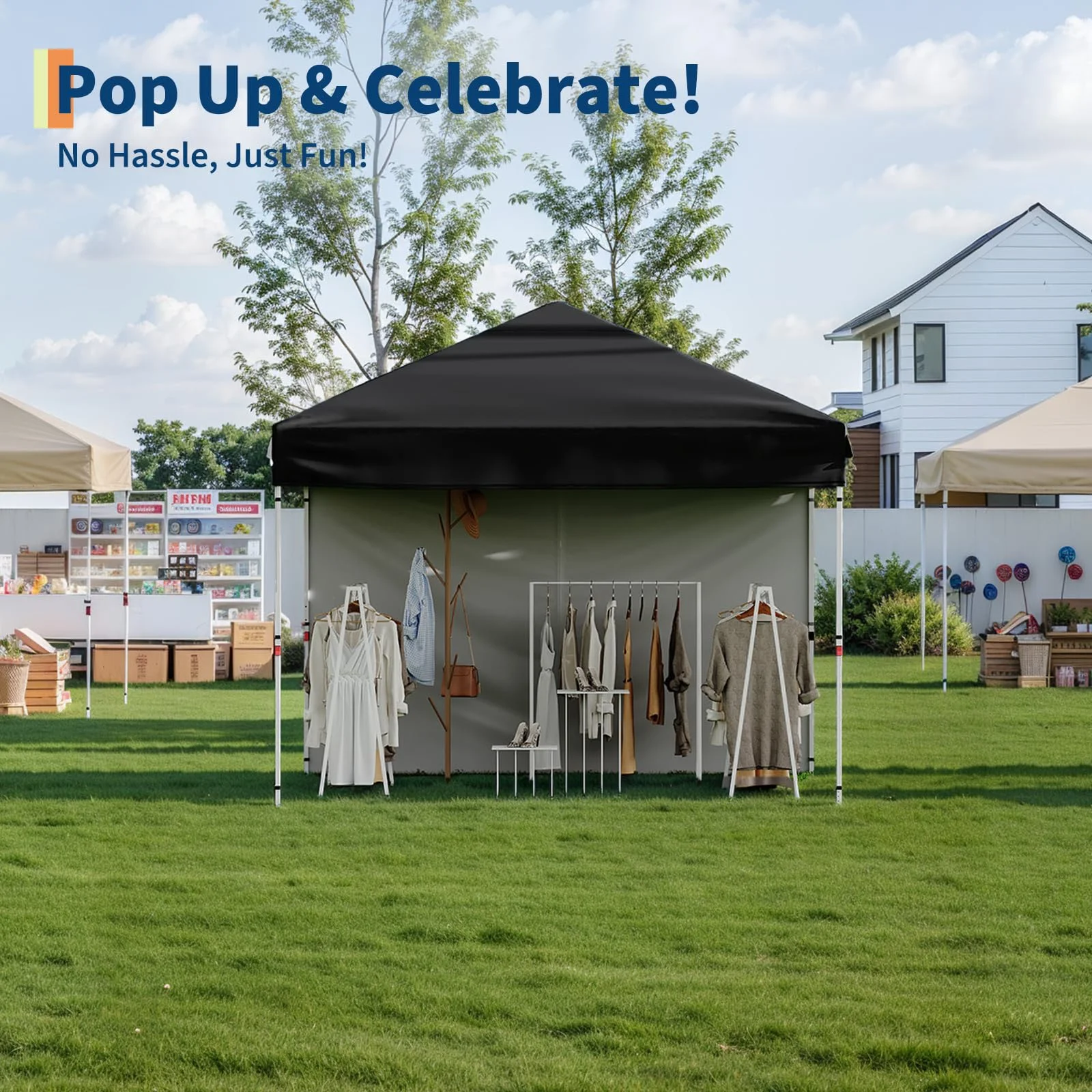 Amkui 10x10 Straight Leg Pop Up Canopy Tents for Camping, Quick Set up Portable Folding Shelter, Instant Outdoor Sports Backyard/Beach Tent,Sun Shade Gazebo for Events, Parties（with Side panel cloth）