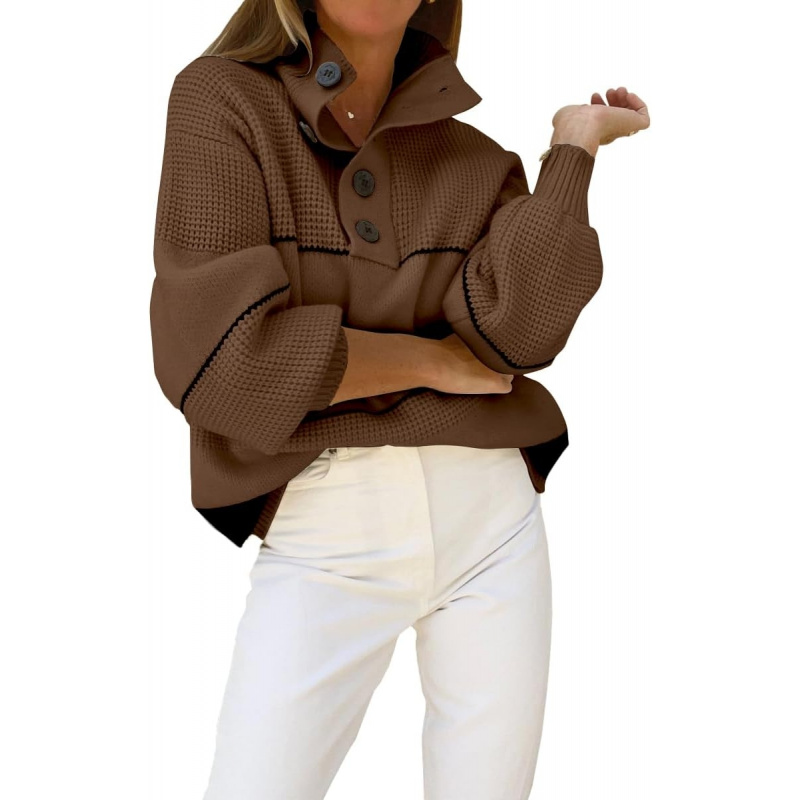 Women's Slouchy Waffle Knit Sweater 1/2 Button Polo