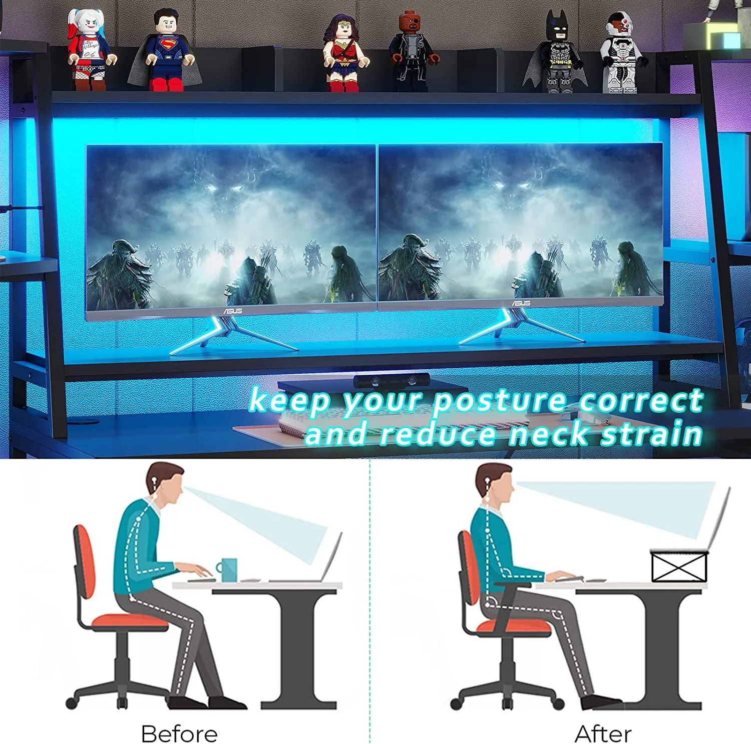 SEDETA 78.8'' Gaming Desk with Hutch and Storage Shelves,LED Lights Computer Desk Gamer Desk, Black