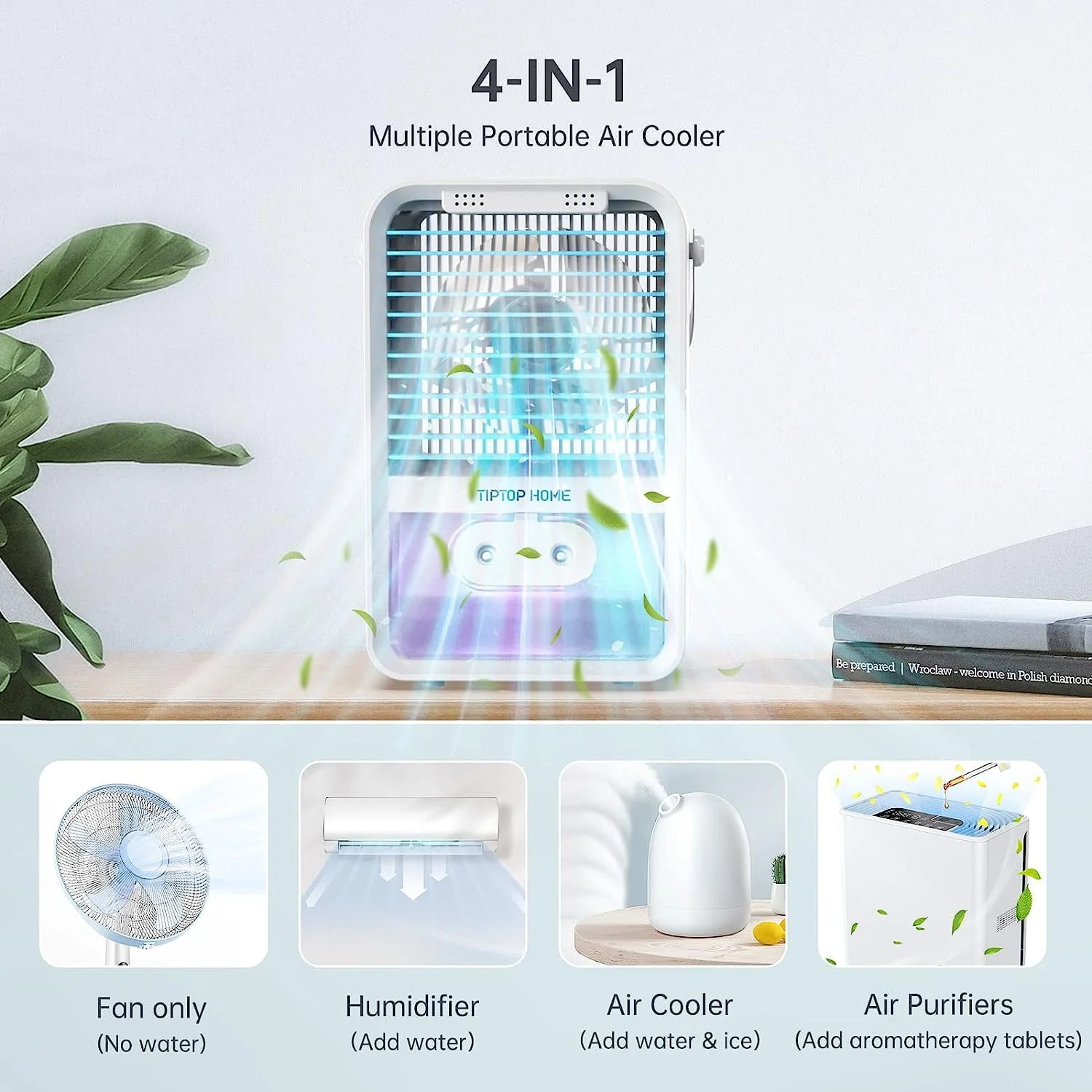 Flend Portable Air Conditioner Fan, Evaporative Air Cooler Humidifier, Small Desktop Cooling Fan with 7-Color LED Light for Room Office Camping, Blue