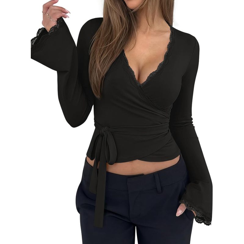 Sexy Going Out Lace Wrap Tops for Women Bell Long Sleeve Top