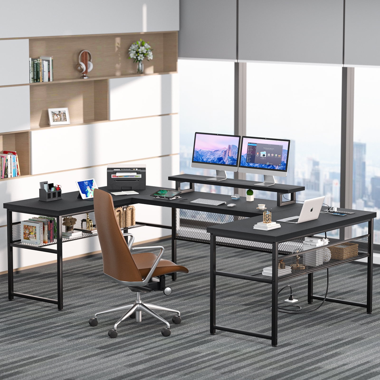 Homieasy U Shaped Desk with Power Outlet and LED Strips, 129.9'' Ergonomic L-Shaped Gaming Desk with Monitor Stand, Reversible Corner Computer Desk with Storage Shelf for Home Office, White Oak