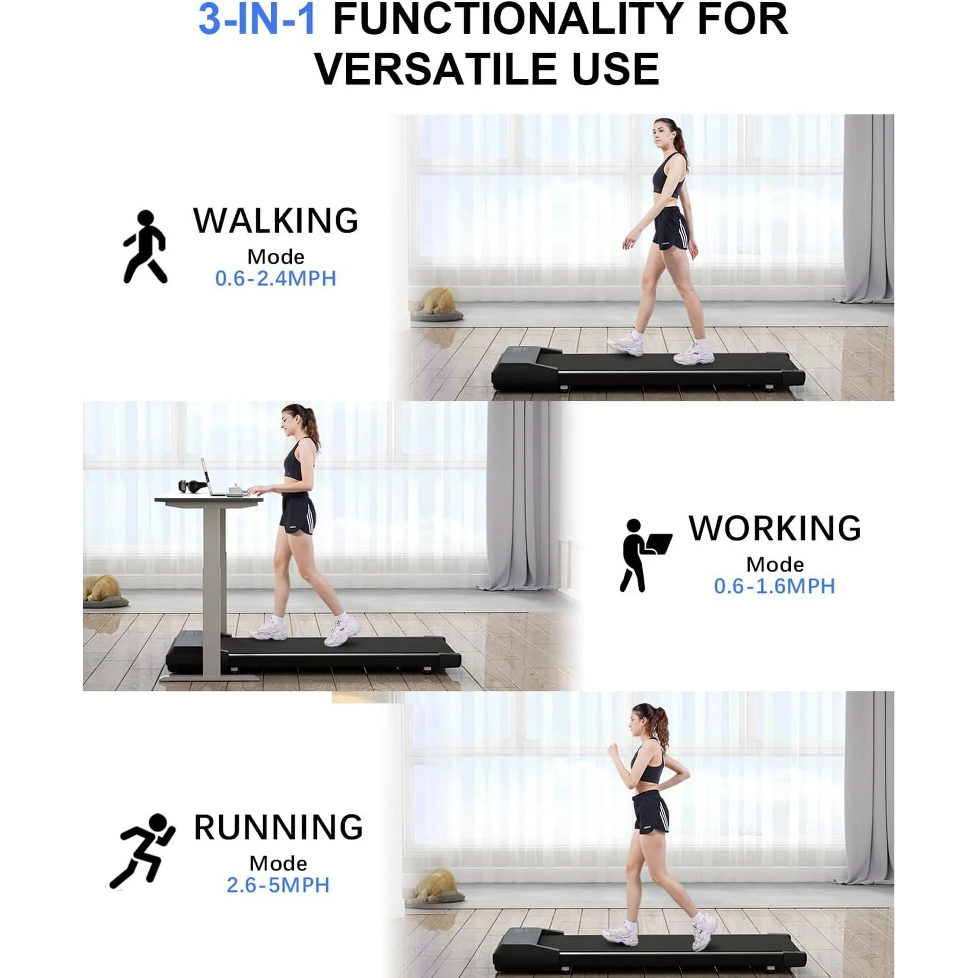 YDZJY 250lb Walking Pad, 0.6-2.5 mph Speed Range 1.2HP Quite Under Desk Treadmill, 2 in 1 Treadmill for Home/Office Exercise with Remote Control, Portable Treadmill with LED Display(Black)