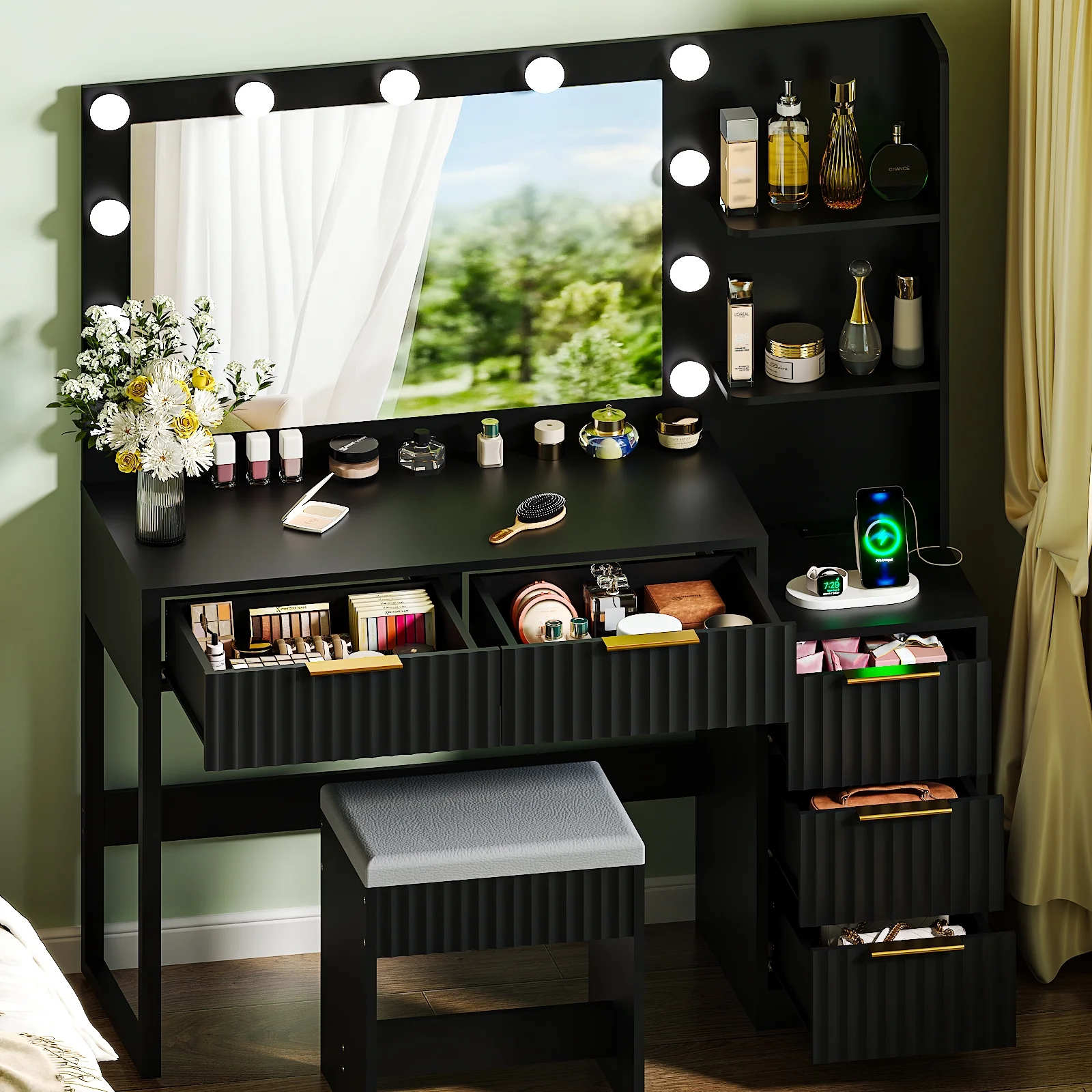 Ktaxon Flutted Makeup Vanity Table Set with 5 Drawer, Dressing Table w/Charging Station, Vanity Desk for Femal Gift, White