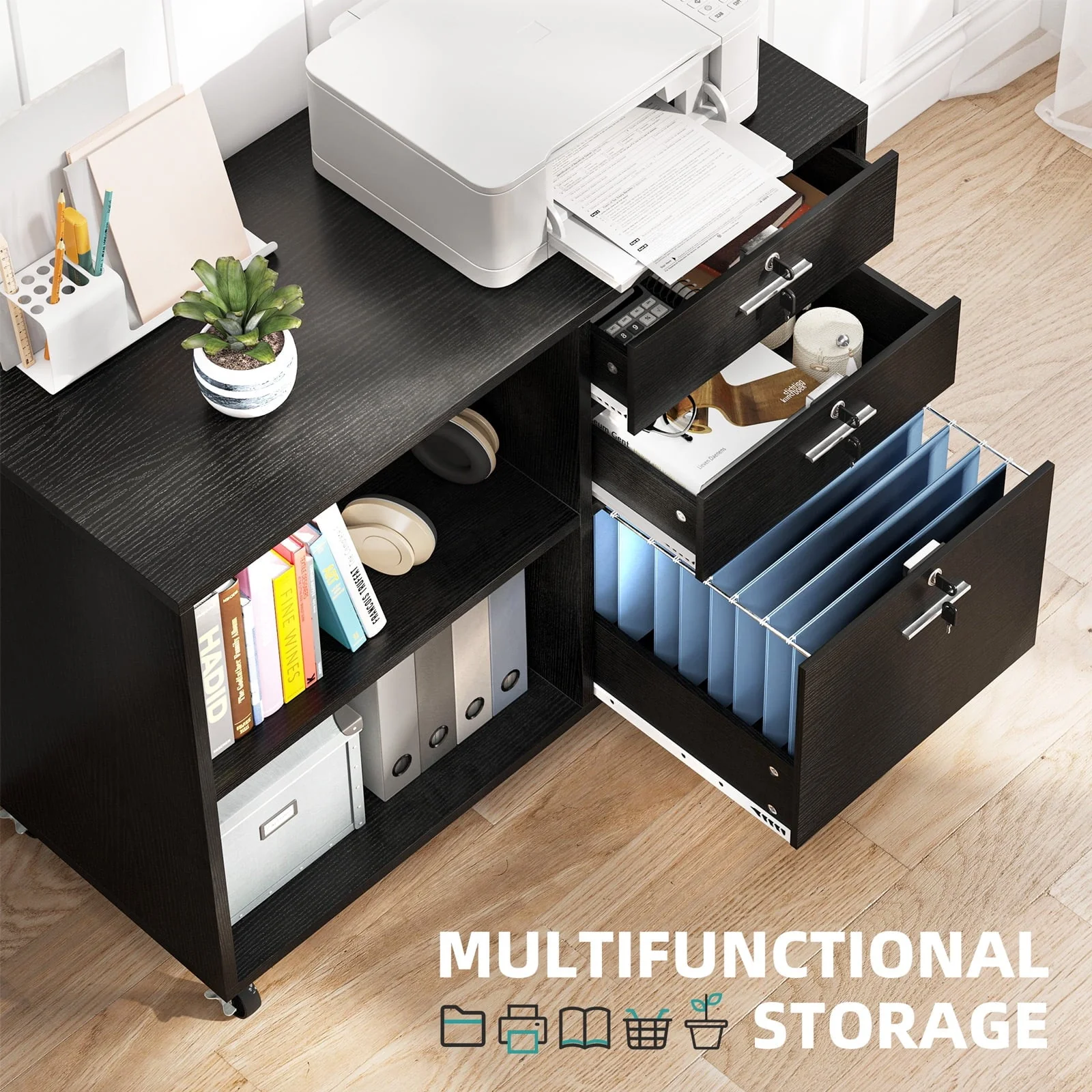 DEXTRUS 3 Drawer Lateral File Cabinet, Printer Stand with Drawers, File Cabinet Fits A4 Letter Legal Size Folders, Black