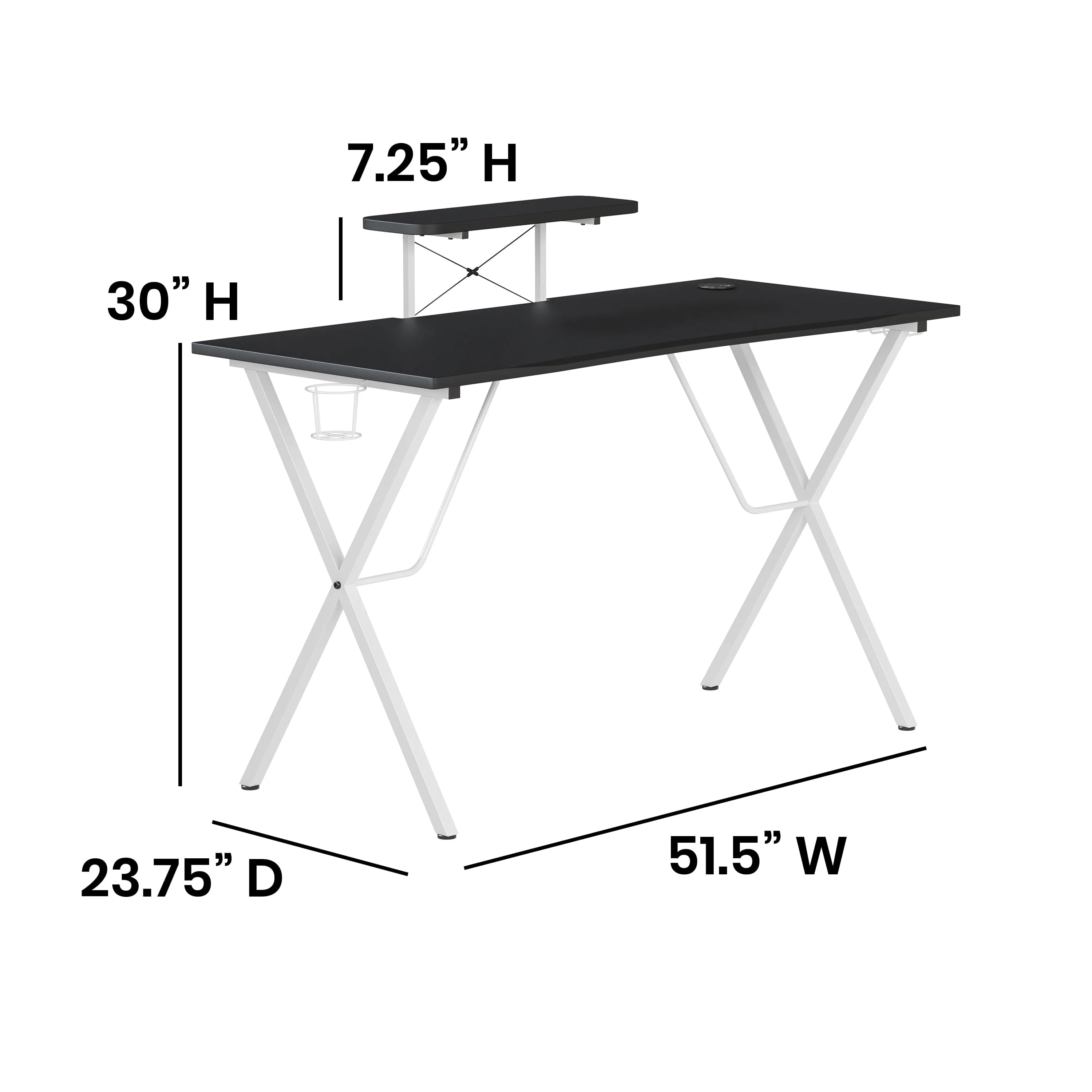 Emma + Oliver Black Gaming Desk and White Frame with Cup Holder, Headphone Hook, and Monitor/Smartphone Stand