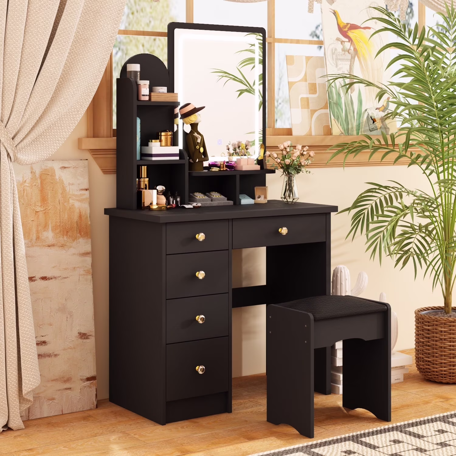 KULAGAGA Vanity Table Set with Light Mirror, Makeup Table with 3 Storage Shelves & 5 Drawers, Dressing Vanity Tables with , Dresser Desk for Girls, Women, White