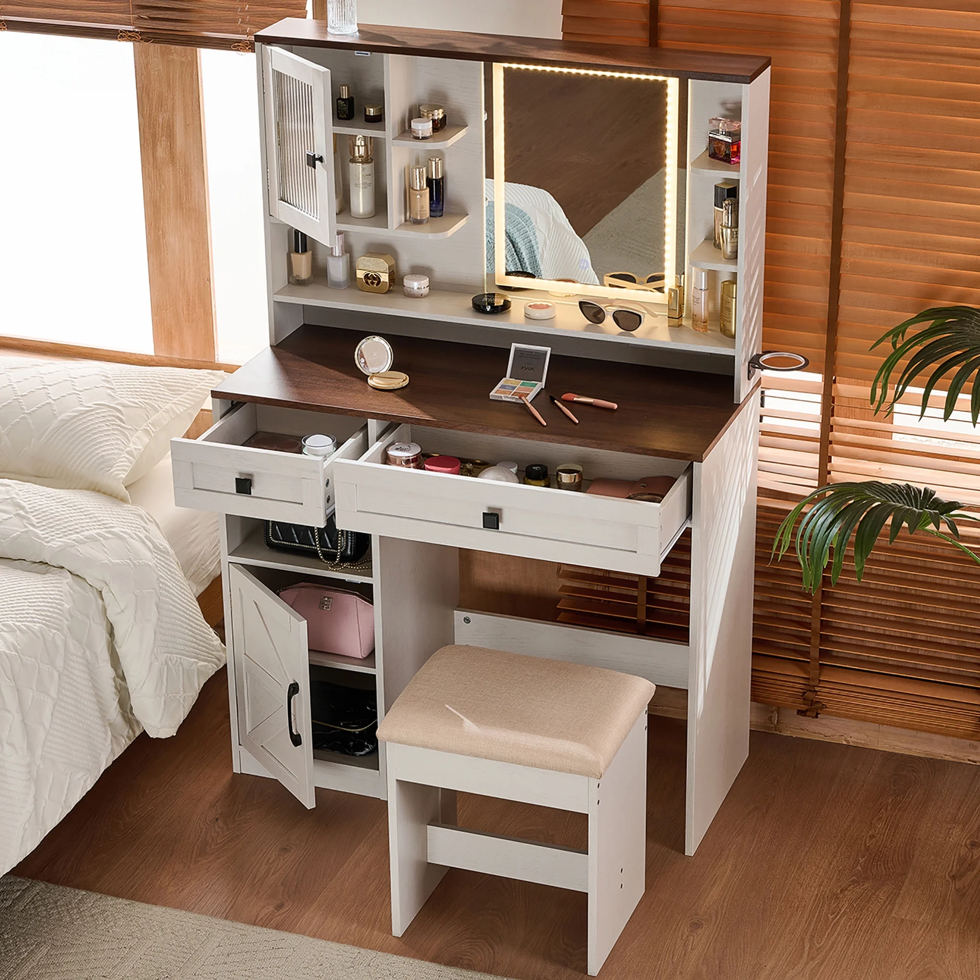 Farmhouse Makeup Vanity Desk with Mirror and Lights,Dressing Table Set with Charging Station and Stool,Drawers,Shelves and Side Cabinet,White