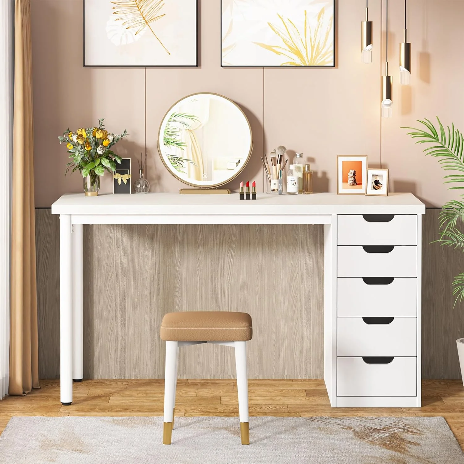 Tribesigns 47 inches Vanity Desk with 5 Drawers, Rustic Makeup Dressing Table with Storage, Modern Simple Computer Desk for Women, Girls (Brown)