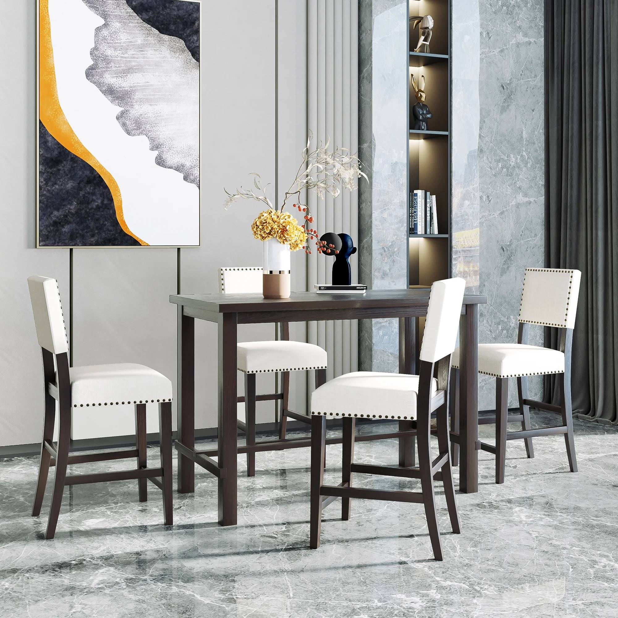 Classic Elegant Kitchen Dining Furniture , Soft Backrest 5-Piece Counter Height Dining Set, Wooden Rectangular Dining Table and 4 Upholstered Chairs Dining Set , Espresso Frame with Beige Cushion