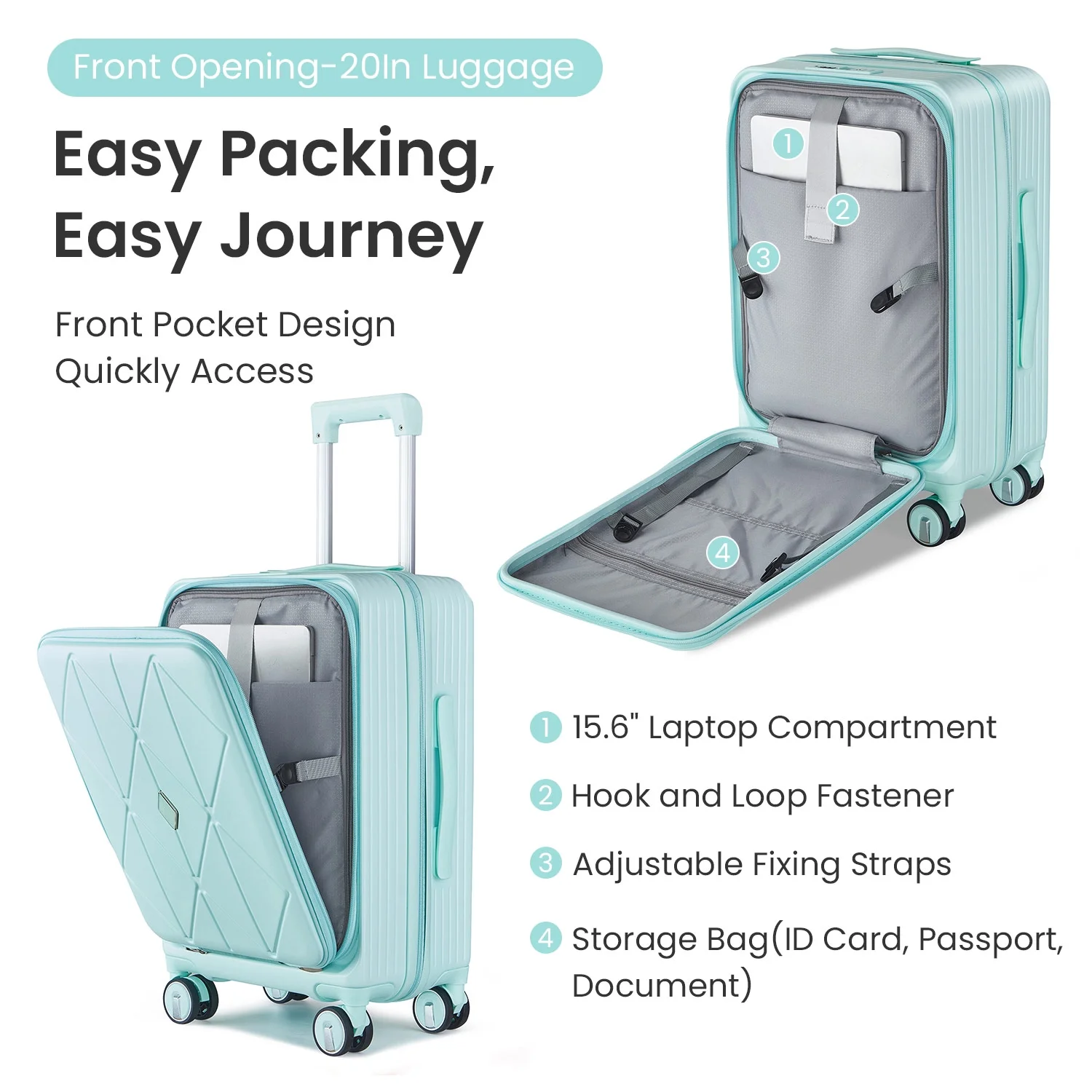 POWANLI 3 Piece Luggage Sets (20''24''28''), PC Hard Shell Expandable Lightweight Carry On Luggage, with Front Pocket and Spinner Wheels, TSA Lock, Airline Approved(Mint Green)
