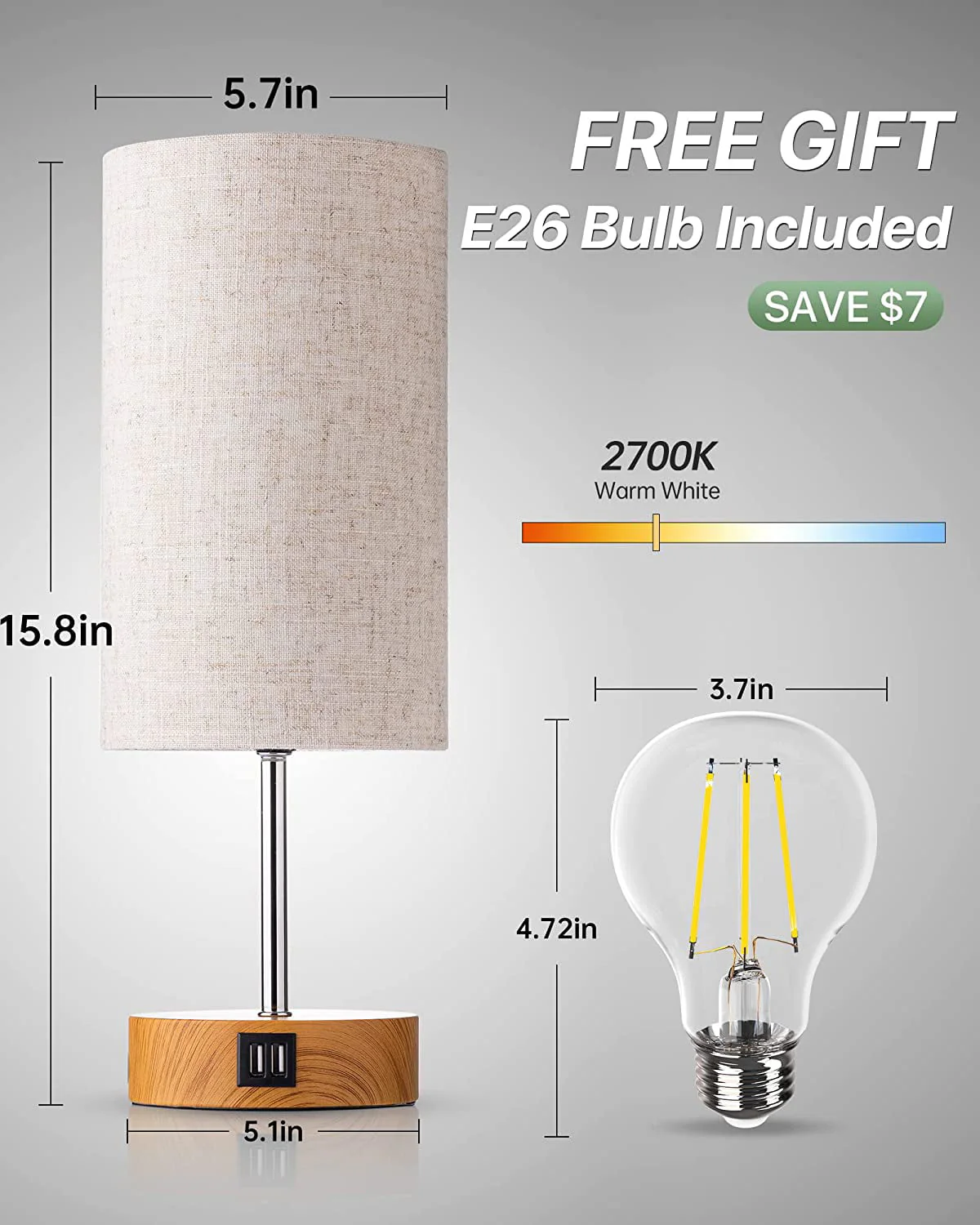Maple Star Touch Control Table Lamp,Bedside Desk Lamp with 2 USB Port,Woodgrain Touch Control Table Lamp (LED Bulb Included)