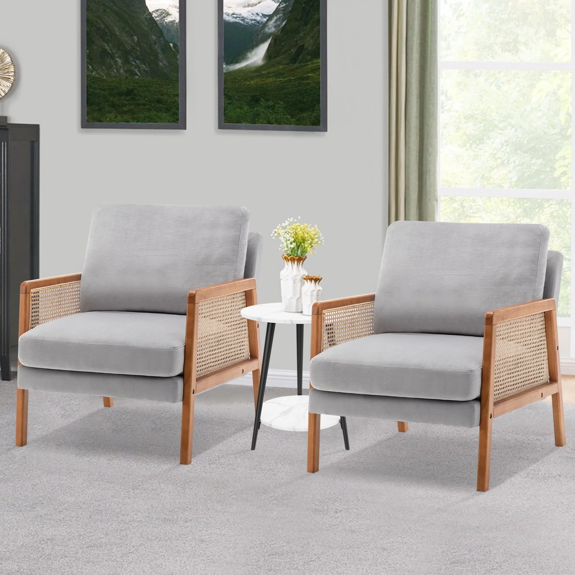 Apeaka Accent Chair , Upholstered Living Room Chairs Natural Rattan Armchair Reading Bedroom