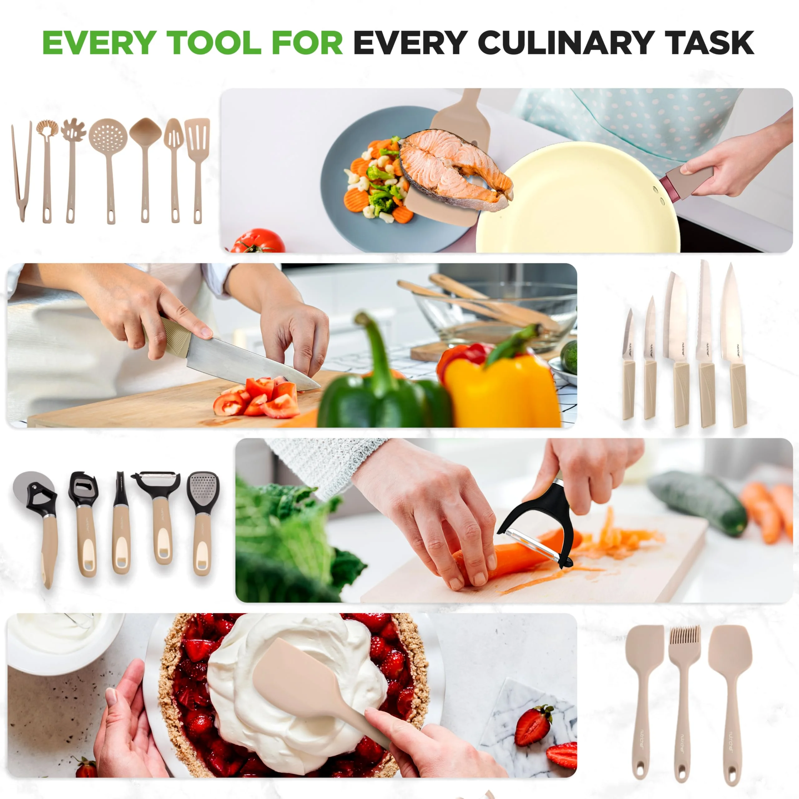 NutriChef 75-Piece Non-Stick Pots and Pans Set, Complete Ceramic Cookware Set with Bakeware, Utensils, Knife Set, & Accessories, Stain-Resistant, Food-Grade Safe, Cream/Brown