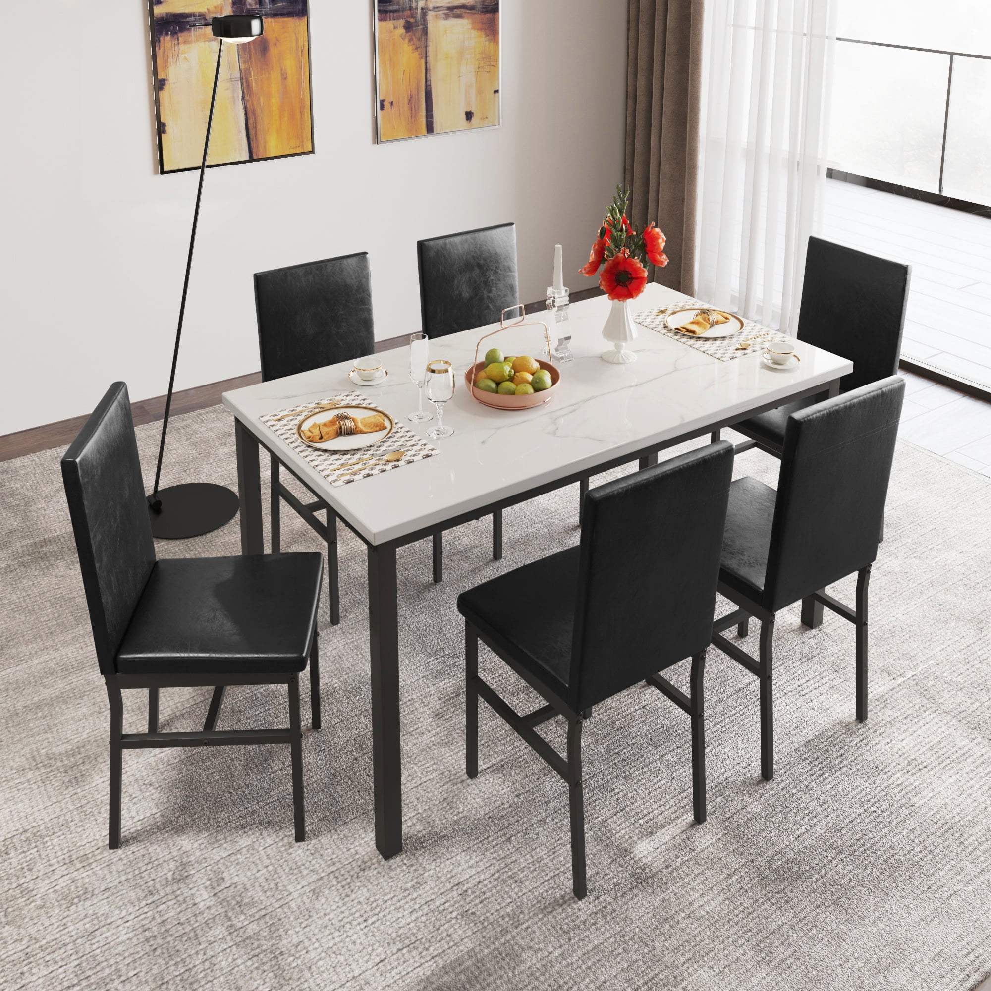 Dining Table with 6 High-back Upholstered Chairs, Modern Dinette Set, Dining Table and Chairs Set for 6 Persons, Small Home Kitchen Dining Table Set, Ideal for Apartment Breakfast Nook Bar, B1470