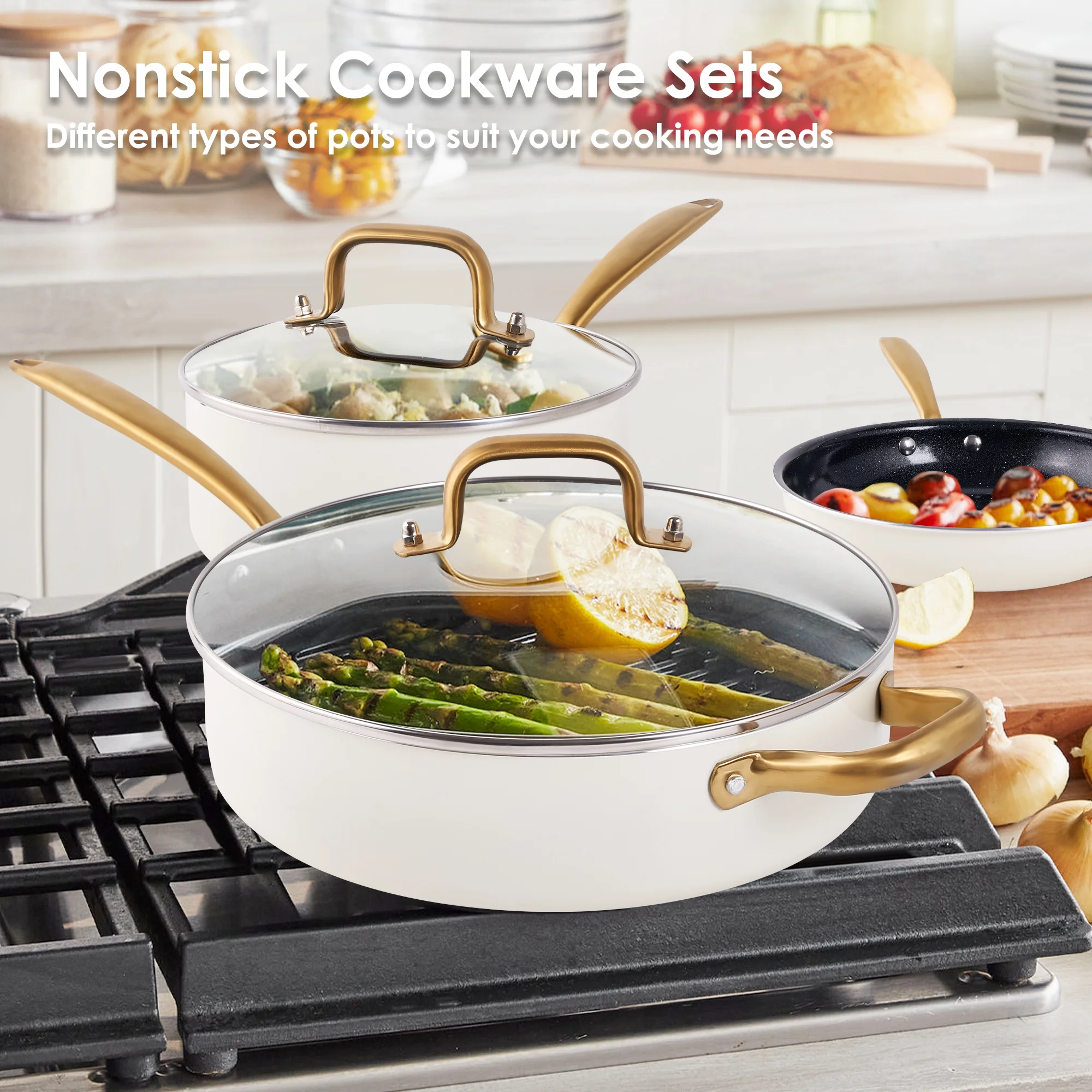 Caannasweis 15 Pieces Ceramic Cookware Sets, Nonstick Pots and Pans Lightweight Cookware Set with Cooking Utensils Set