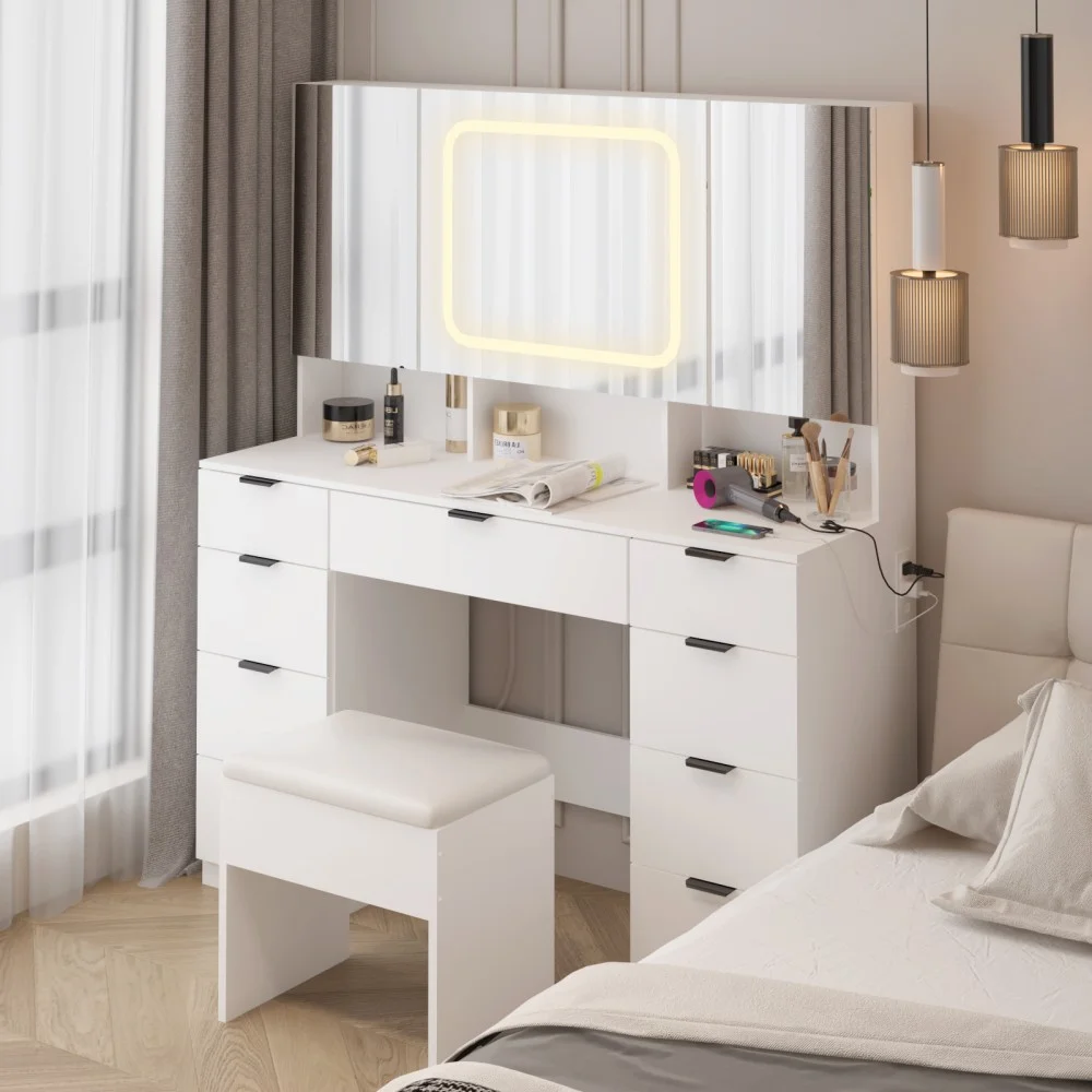 IVV Vanity Desk Set with Large LED Lighted Mirror & Power Outlet, Makeup Dressing Table with 9 Drawers and 3 Cabinets in Mirrored Doors, 47