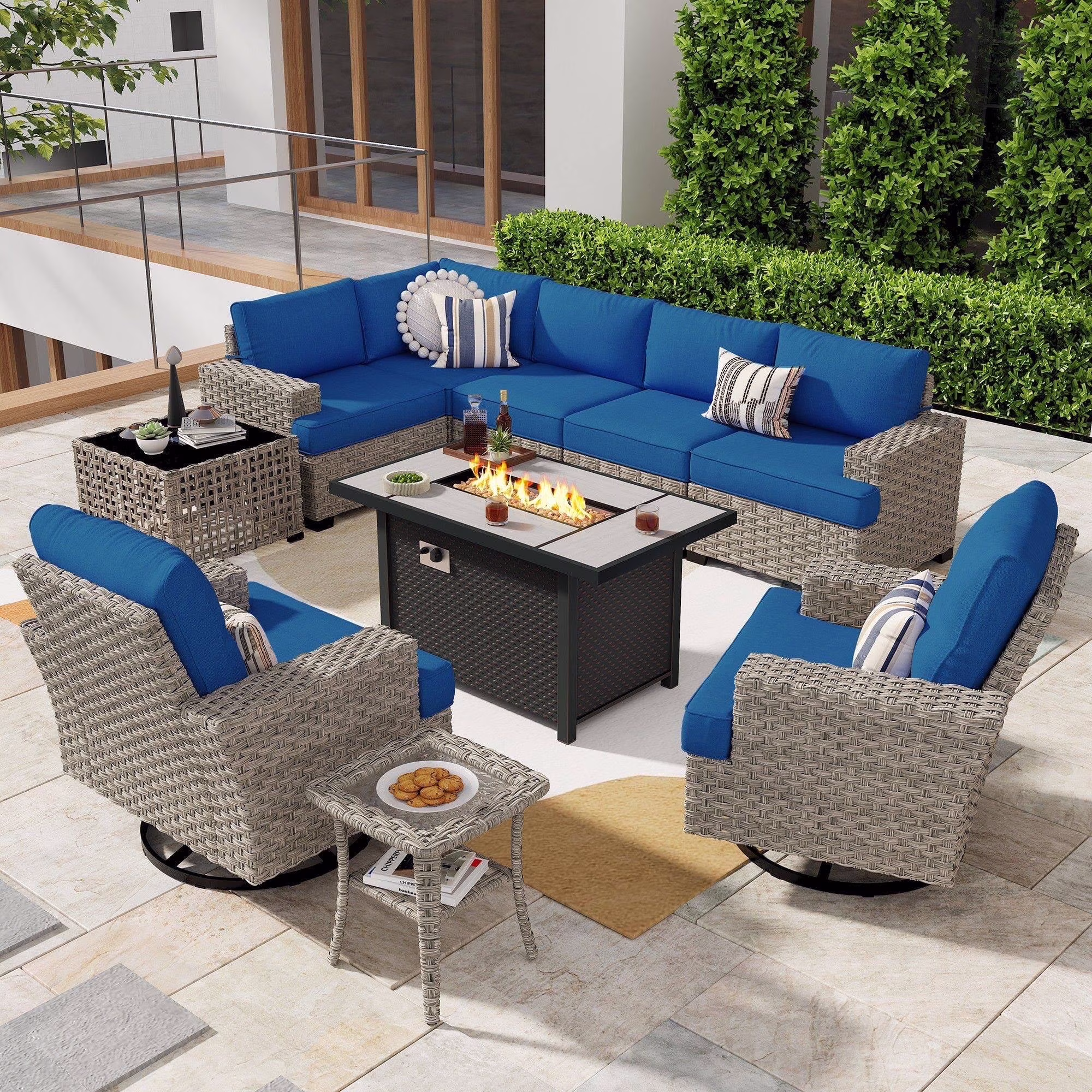 Ovios 10 Pieces Outdoor Patio Furniture Modern High-Back All-Weather Wicker Sectional Conversation Set with Propane Fire Pit Table & Swivel Chair, Dark Gray