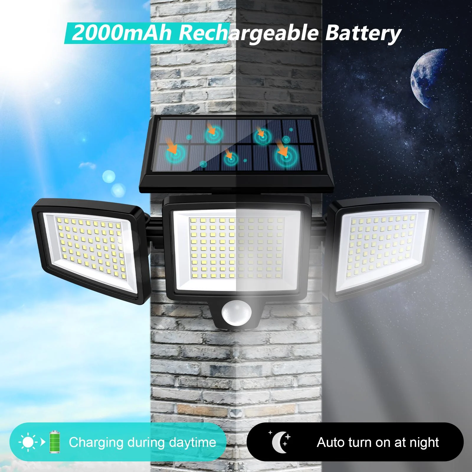 Outdoor Solar Light — 2500 Lumens, 210-LED Security Light; 3-Head Adjustable Spotlight Supporting 3 Working Modes