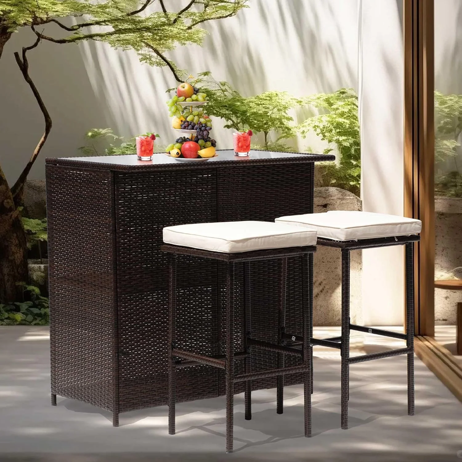 CL.HPAHKL Patio Bar Set, 3 Piece Outdoor Rattan Wicker Furniture Set with Glass Top Table & 2 Cushions Stools for Patios Backyards Porches Gardens Poolside, Khaki