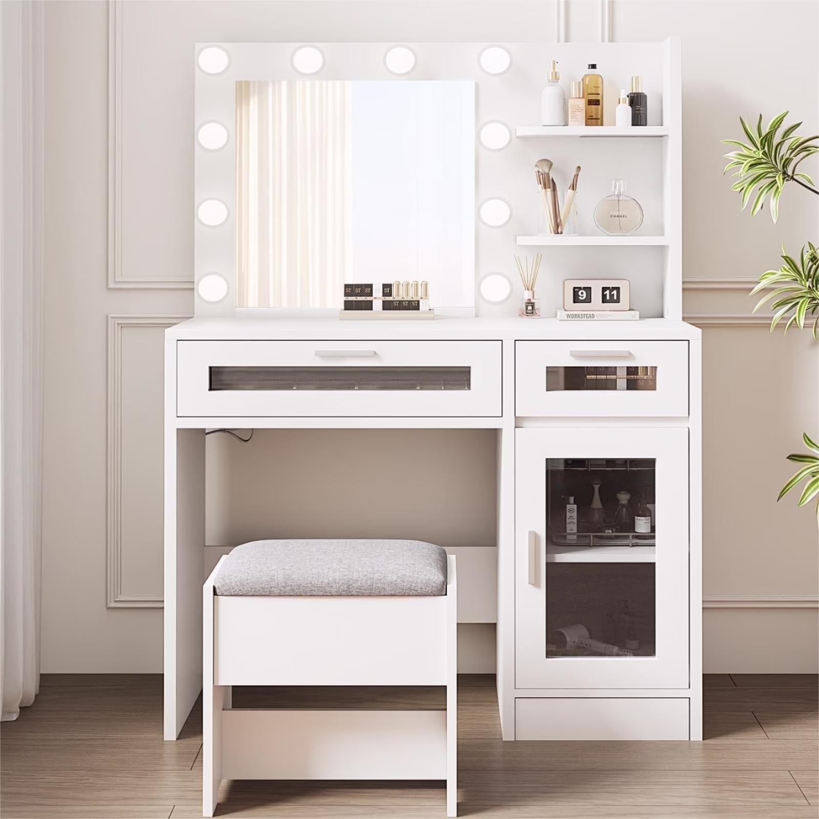 LIVELYGLOW Vanity Desk with Mirror and Lights, Makeup Vanity with Drawer & Storage Shelves, Cabinet, 3 Lighting Modes Adjustable Brightness,White