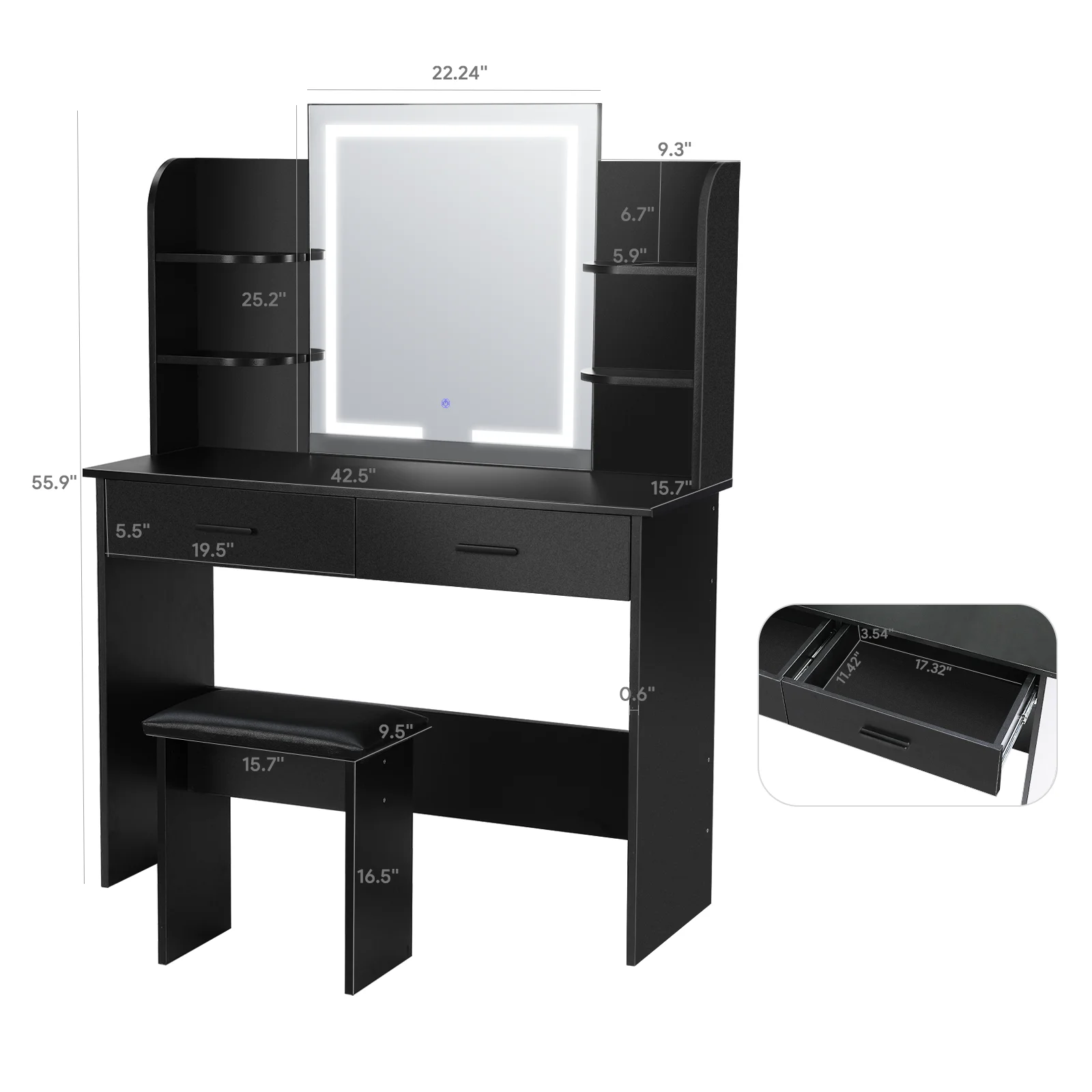 RichYa Modern Makeup Vanity Set with Lights Mirror and Drawers,White Makeup Desk,Dressing Table