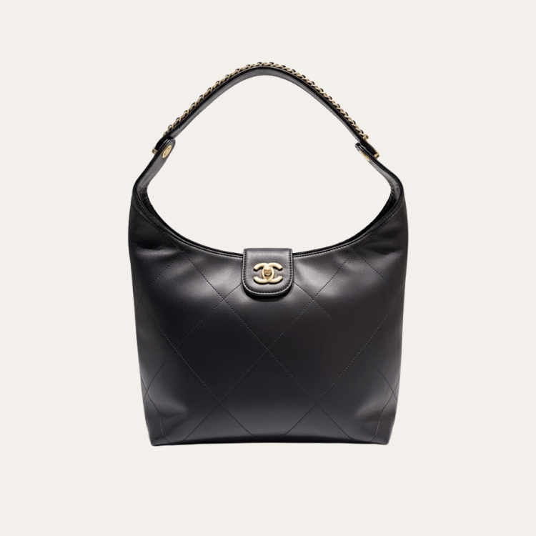 Chanel 25P Hippie Hobo Bag Black 9.8 Inches