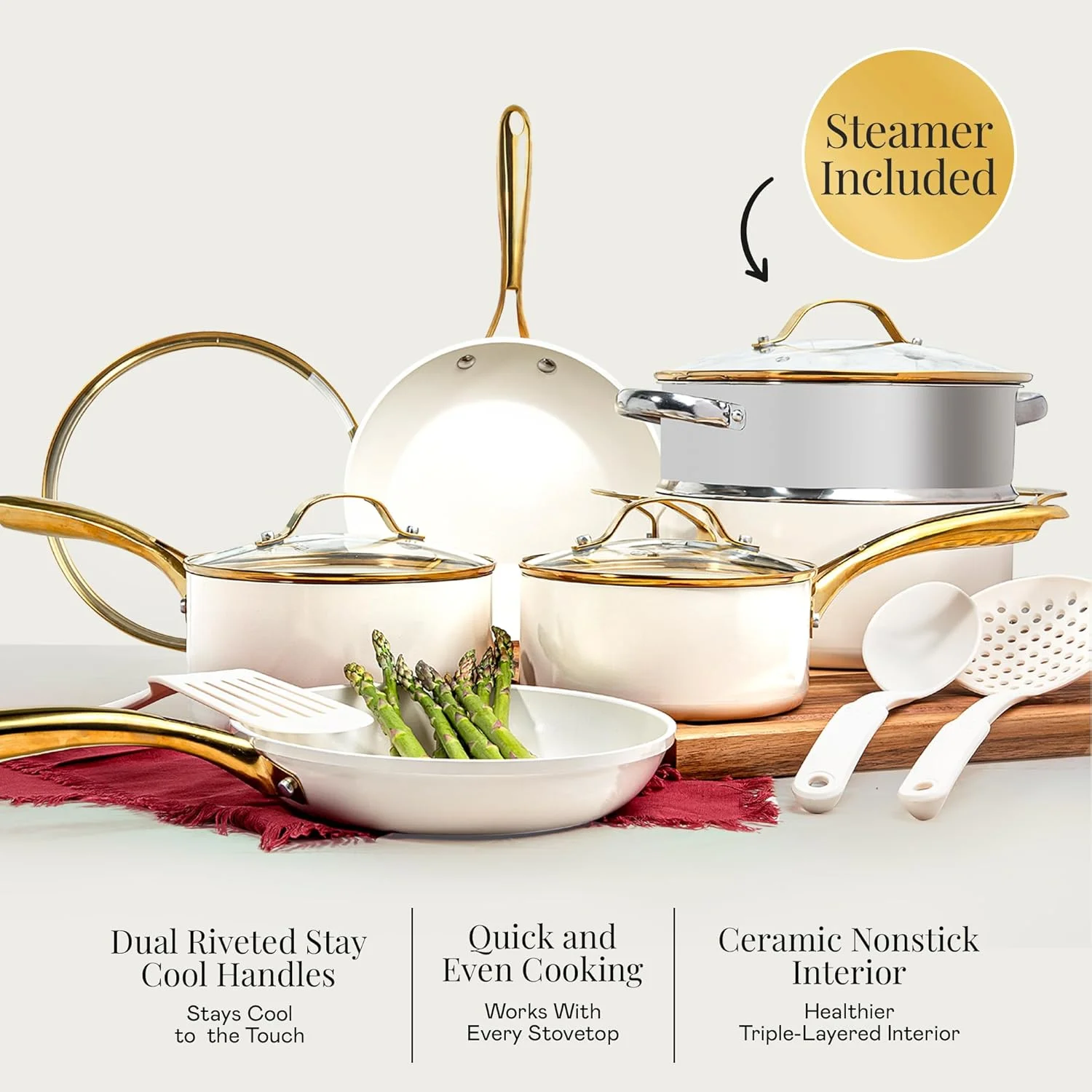 Gotham Steel 15 Pc Ceramic Cookware Set, Ceramic Pots and Pans Set Non Stick with Cooking Utensils and Steamer, Non Toxic, Premium Gold Stay Cool Handles, Oven & Dishwasher Safe