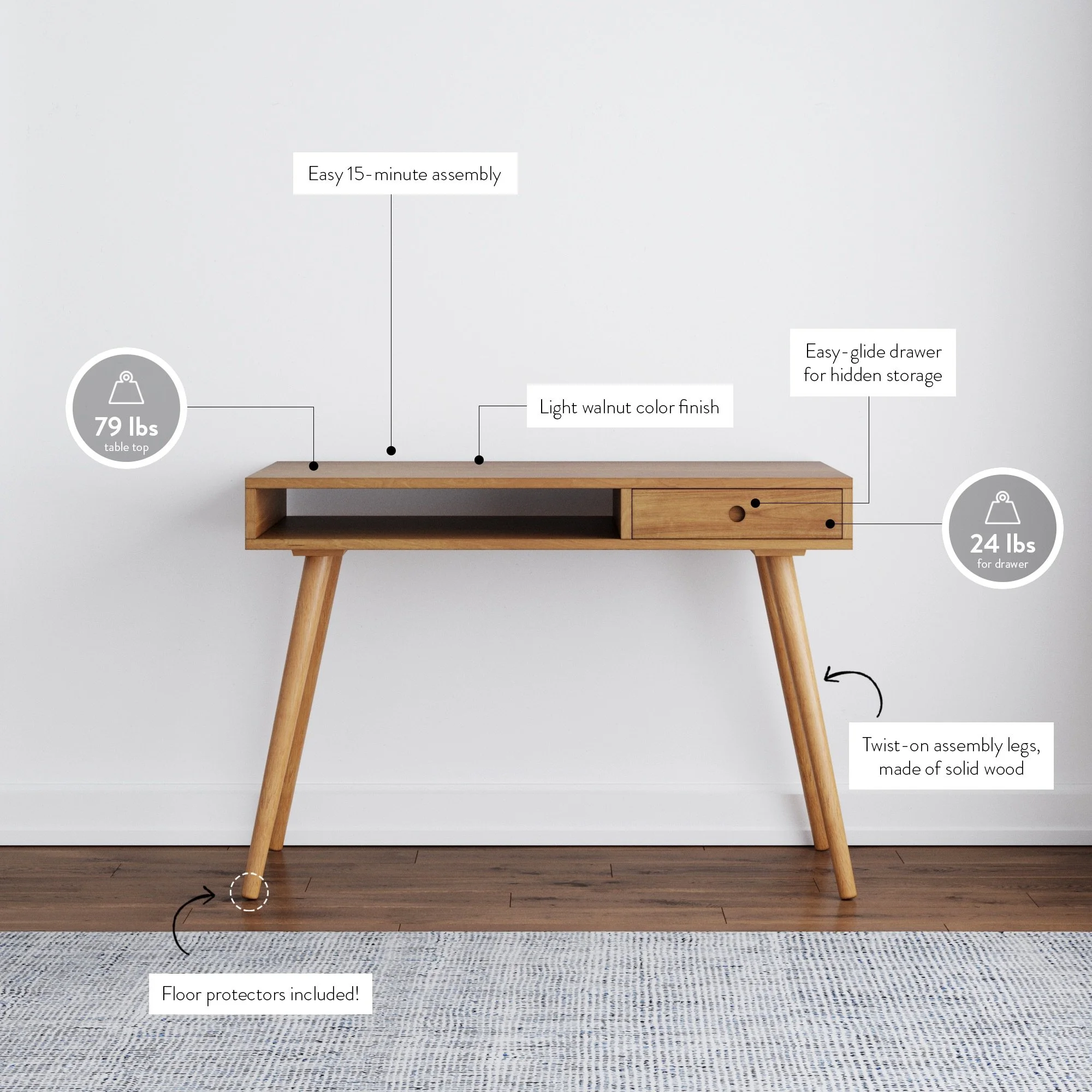 Nathan James Parker Modern Home Office Desk in Walnut Wood with Open Storage Cubby and Small Drawer, Walnut