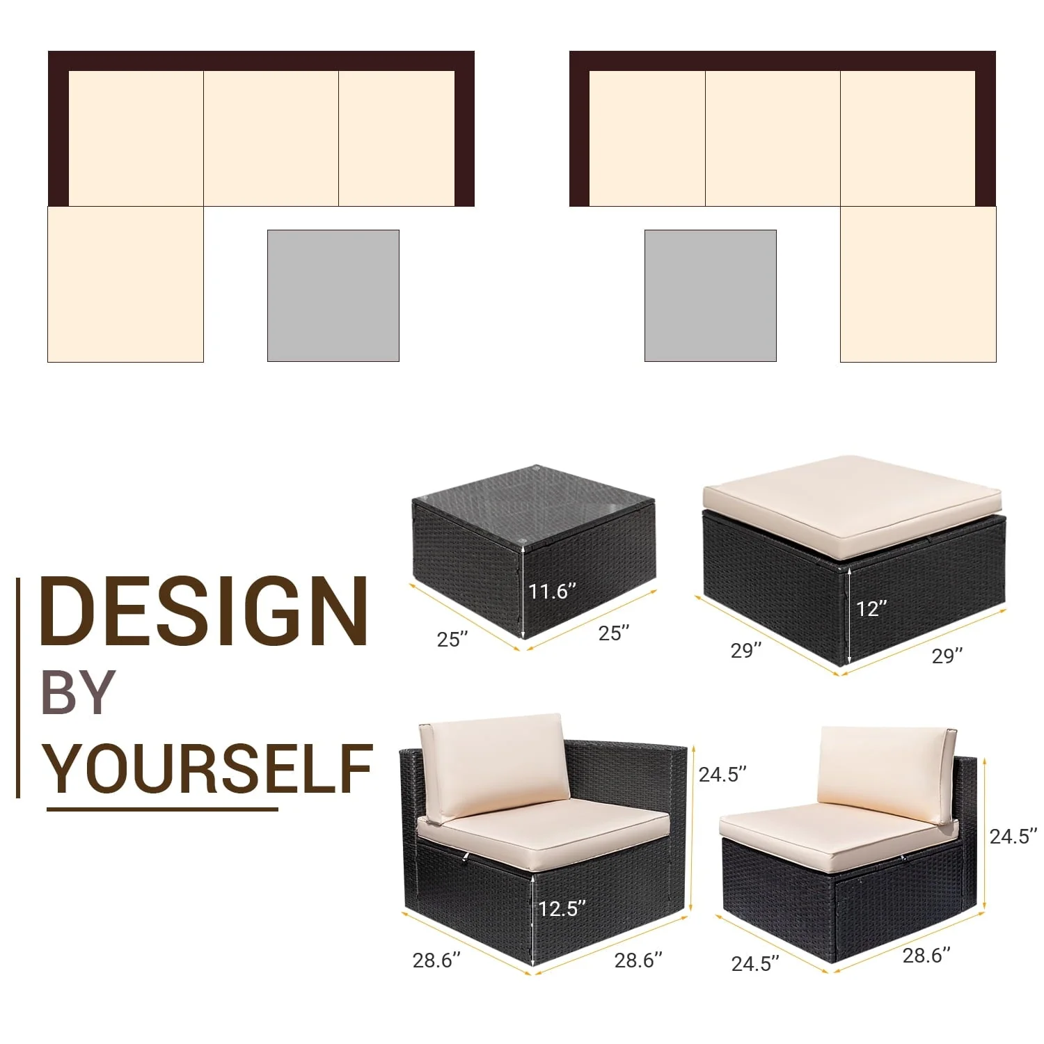 Devoko 6 Pieces Fire Pit Seating, Outdoor Sectional Rattan Sofa Set with 40000 BTU Propane Fire Pit Table