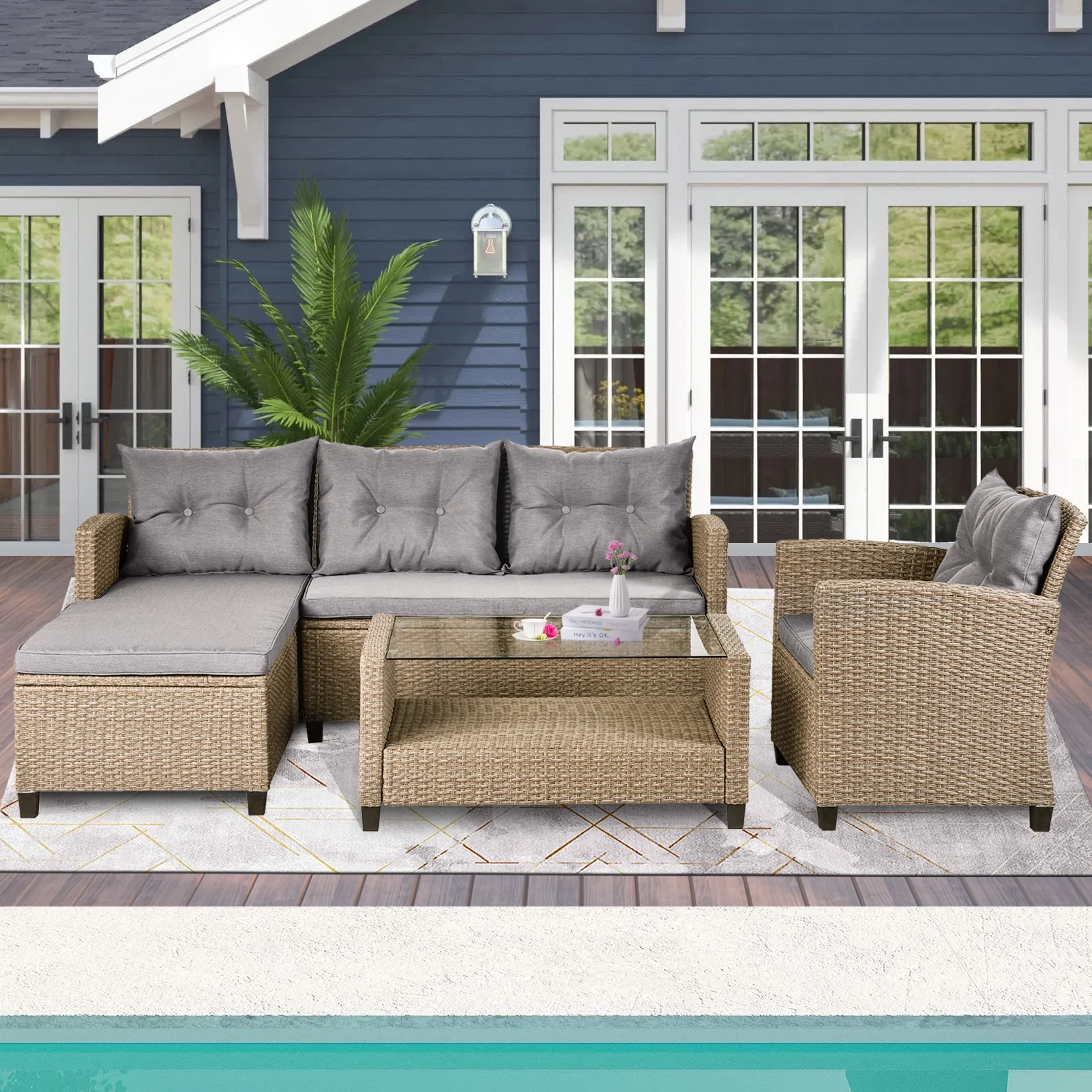 Rattan Patio Sofa Set, 4 Pieces Outdoor Sectional Furniture, All-Weather PE Rattan Wicker Patio Conversation, Cushioned Sofa Set with Glass Table for Patio Garden Poolside Deck
