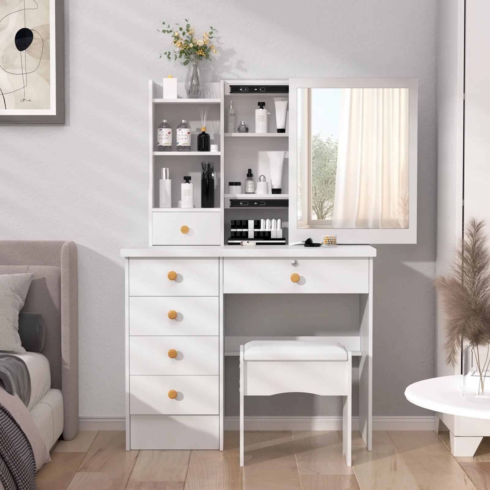 Fogcroll Vanity Desk with Mirror, Makeup Vanity with 6 Drawers and 3 Open Shelves Modern Vanity Set Dressing Table for Bedroom 31.5