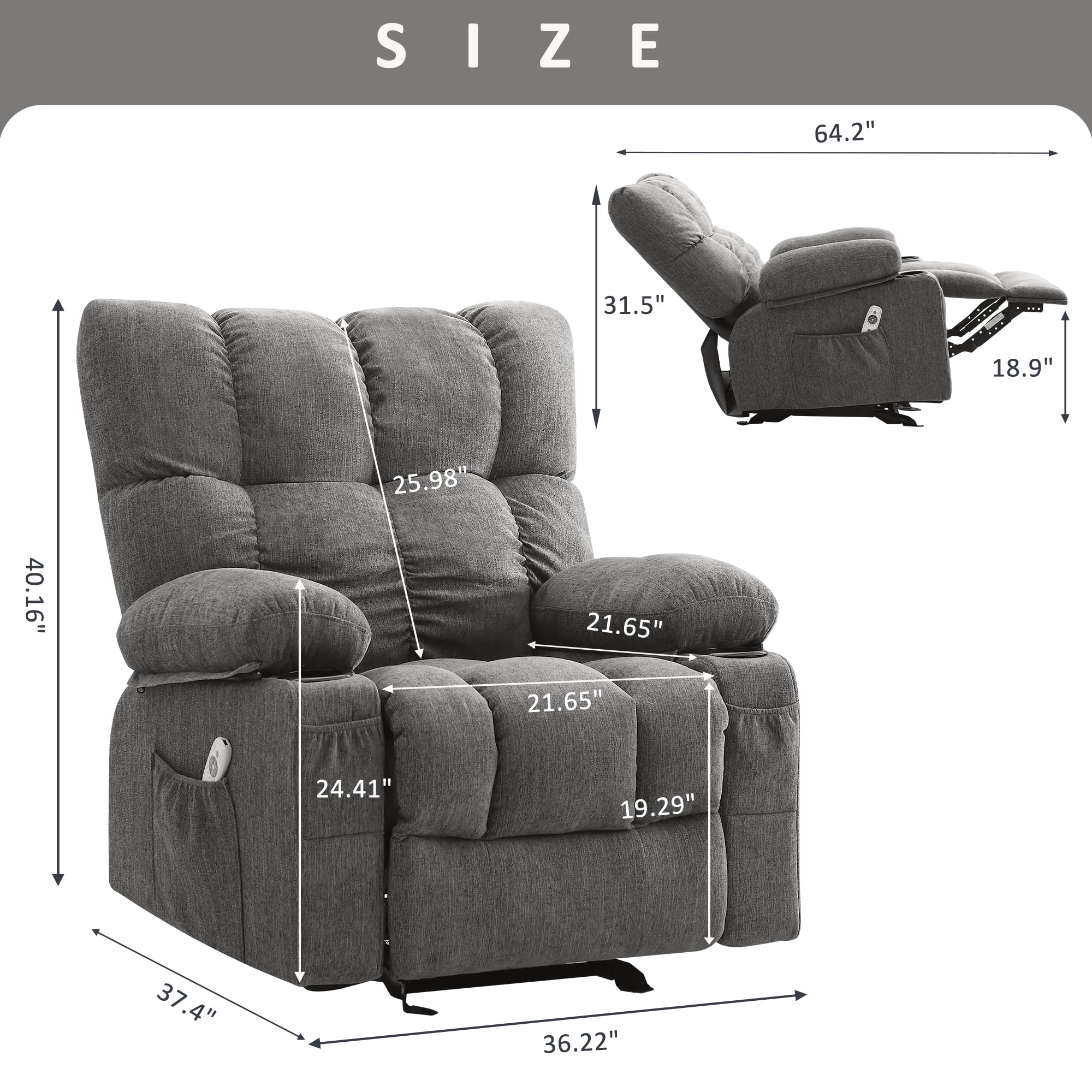 JONPONY Manual Recliner Chair with Heat Therapy and Massage Function. Heavy Duty Reclining Mechanism Massage Chair. Elderly Single Rocker Sofa with Cup Holders for Bedroom Home Theater. Grey